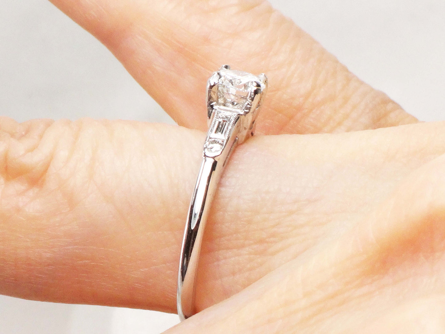 Vintage 14k White Gold Natural Diamond Engagement Ring GIA Certified .52 Carat Round Brilliant Diamond Engagement Ring Size 6.5