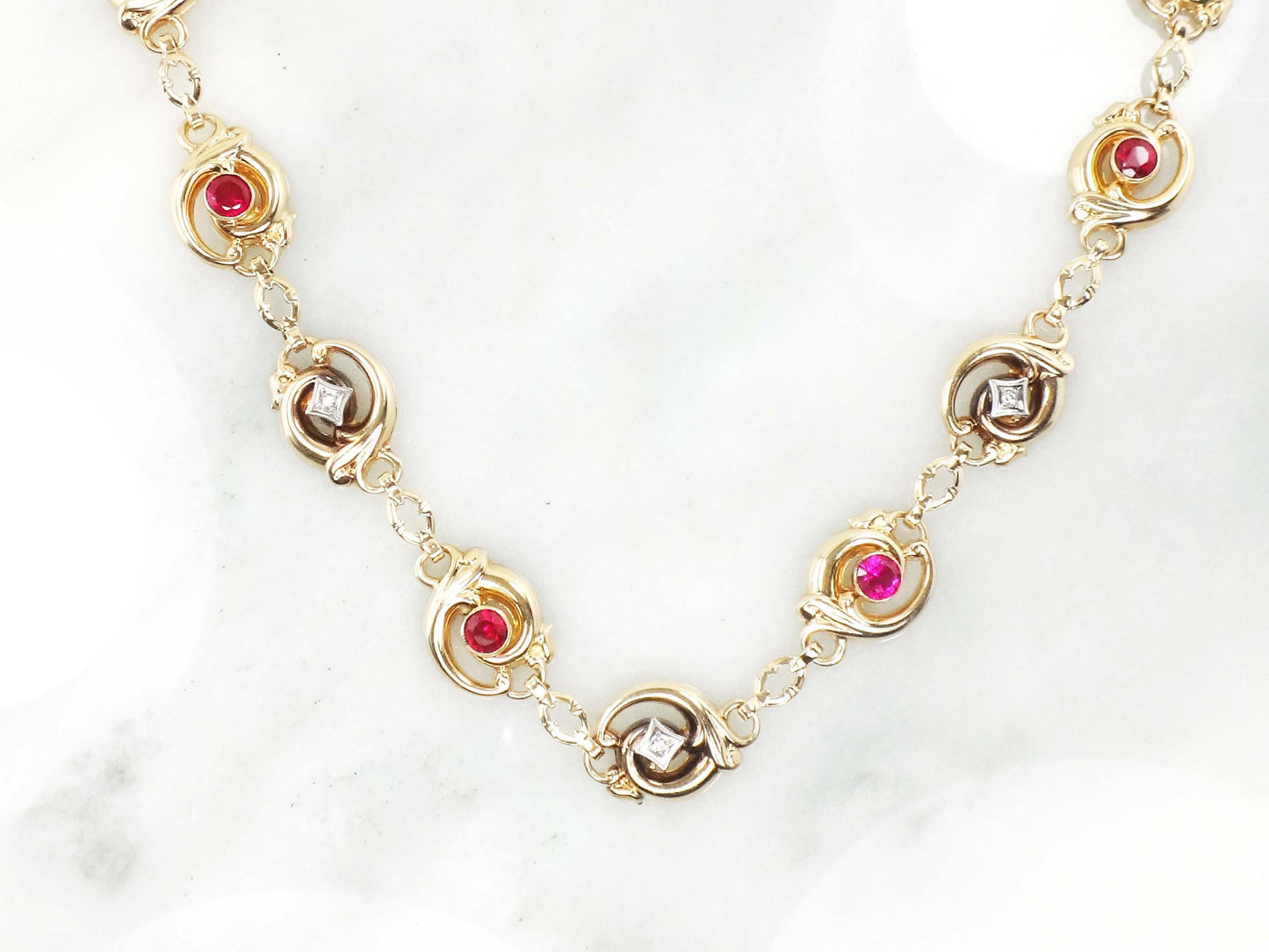 Vintage Ruby and Diamond Choker Necklace 10k Two Tone Gold Esemco Diamond & Ruby Choker Necklace 15.25"