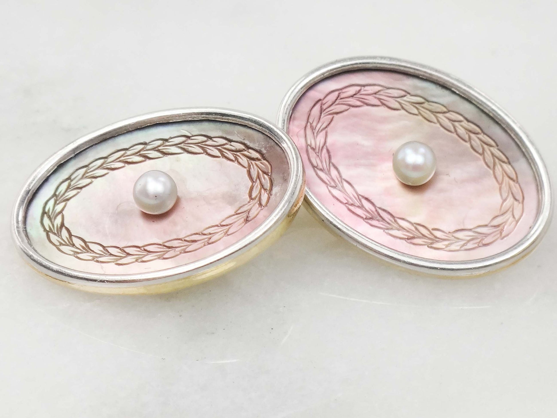 Vintage Antique 14k White Gold Mother of Pearl Cufflinks by Larter & Sons, Men's Gift, Groom Gift