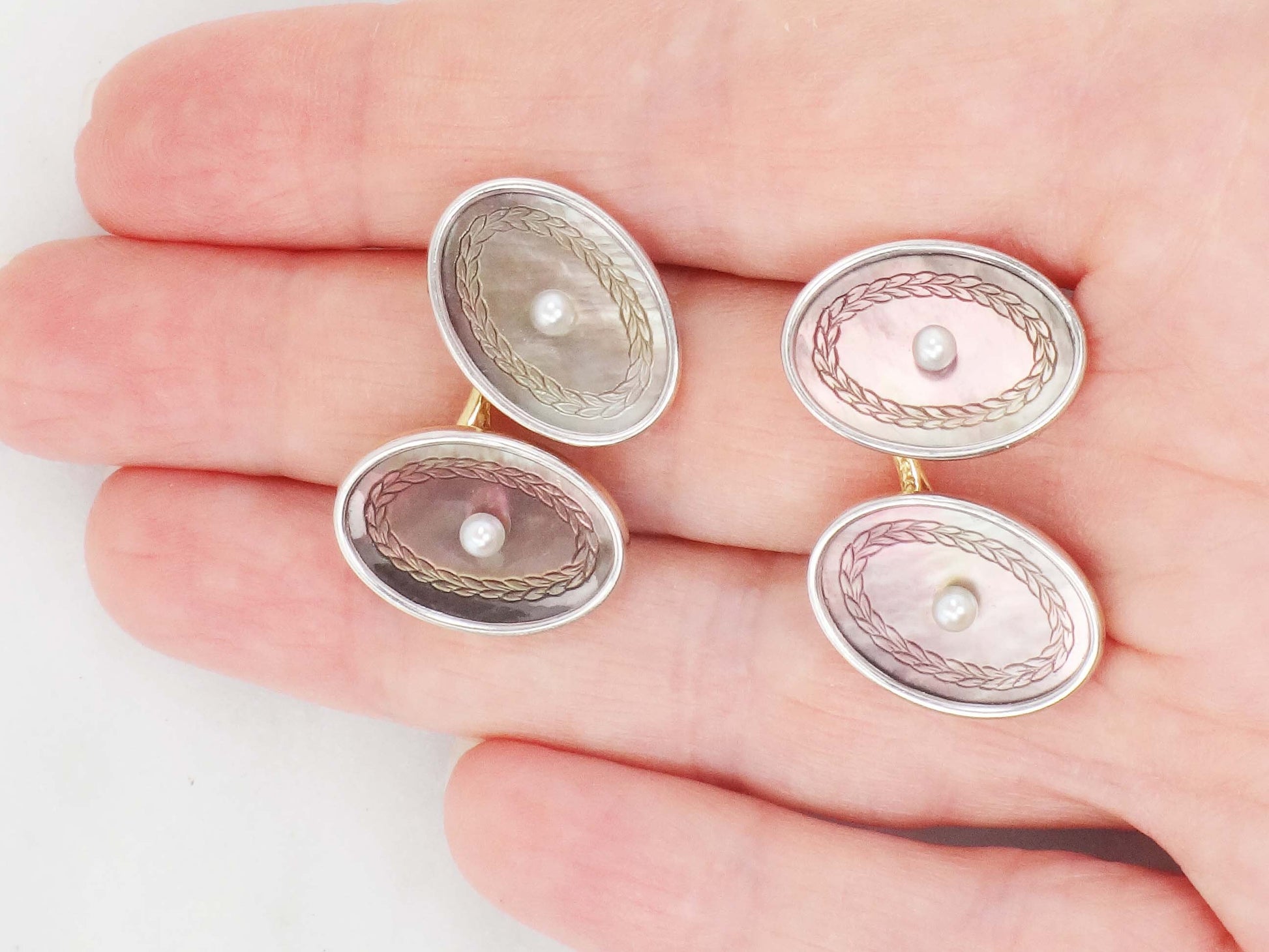 Vintage Antique 14k White Gold Mother of Pearl Cufflinks by Larter & Sons, Men's Gift, Groom Gift