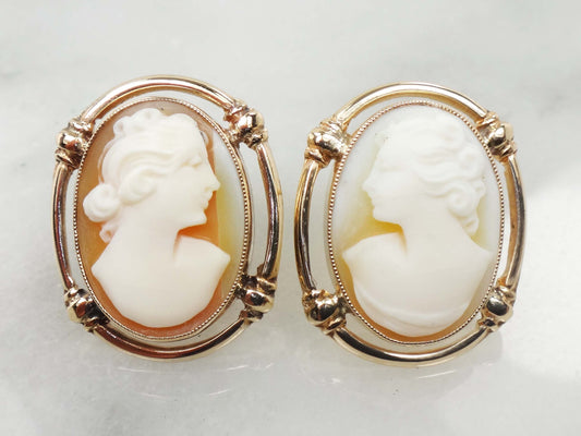 Vintage 14k Yellow Gold Cameo Stud Earrings with Post Backs