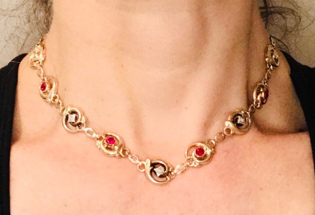 Vintage Ruby and Diamond Choker Necklace 10k Two Tone Gold Esemco Diamond & Ruby Choker Necklace 15.25"