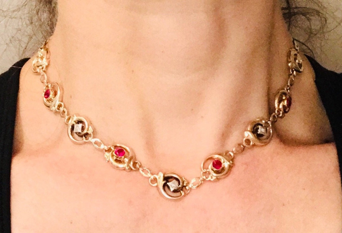 Vintage Esemco 10k Gold Ruby & Diamond Choker Necklace (15.25")