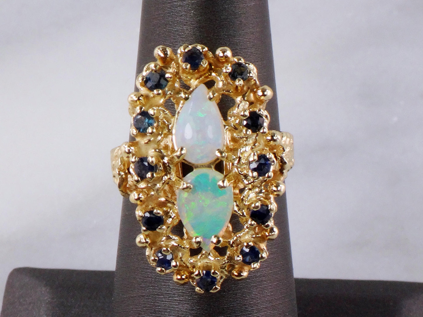 Vintage 14k Yellow Gold Natural Opal and Sapphire Ring, October Birthstone