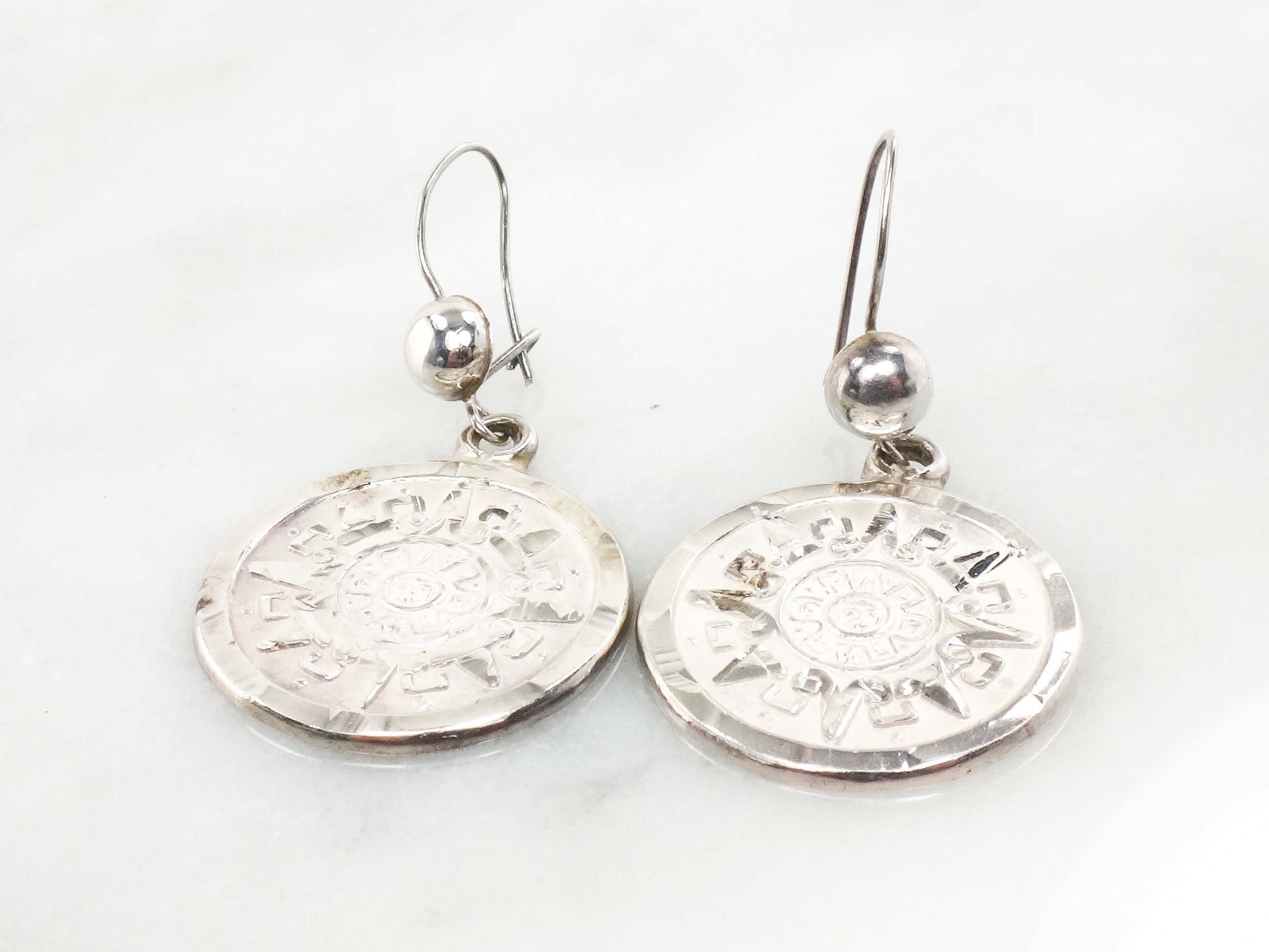 Vintage Sterling Silver Aztec Sun Calendar Earrings - Mayan Discs