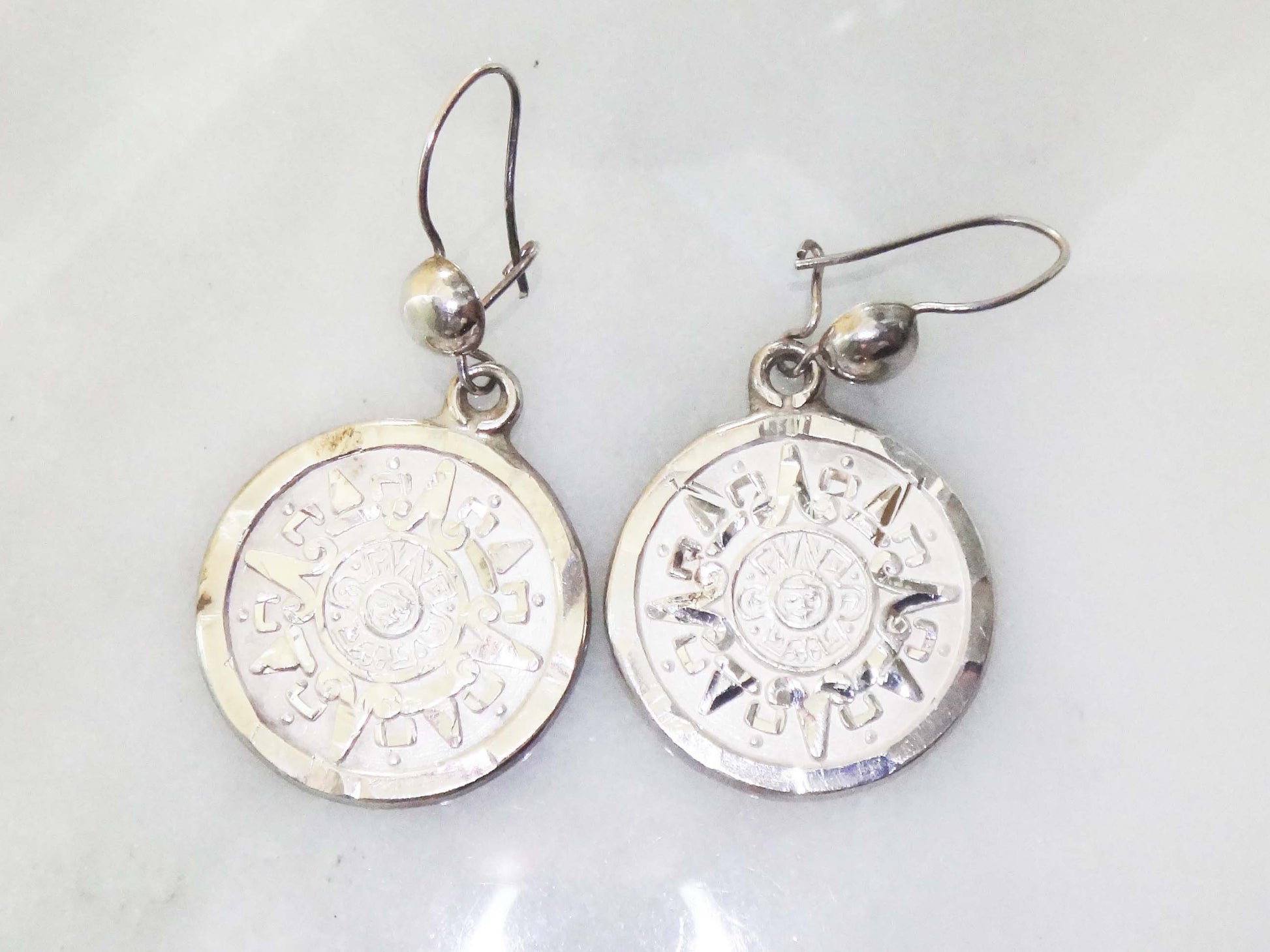 Vintage Sterling Silver Aztec Sun Calendar Earrings - Mayan Discs