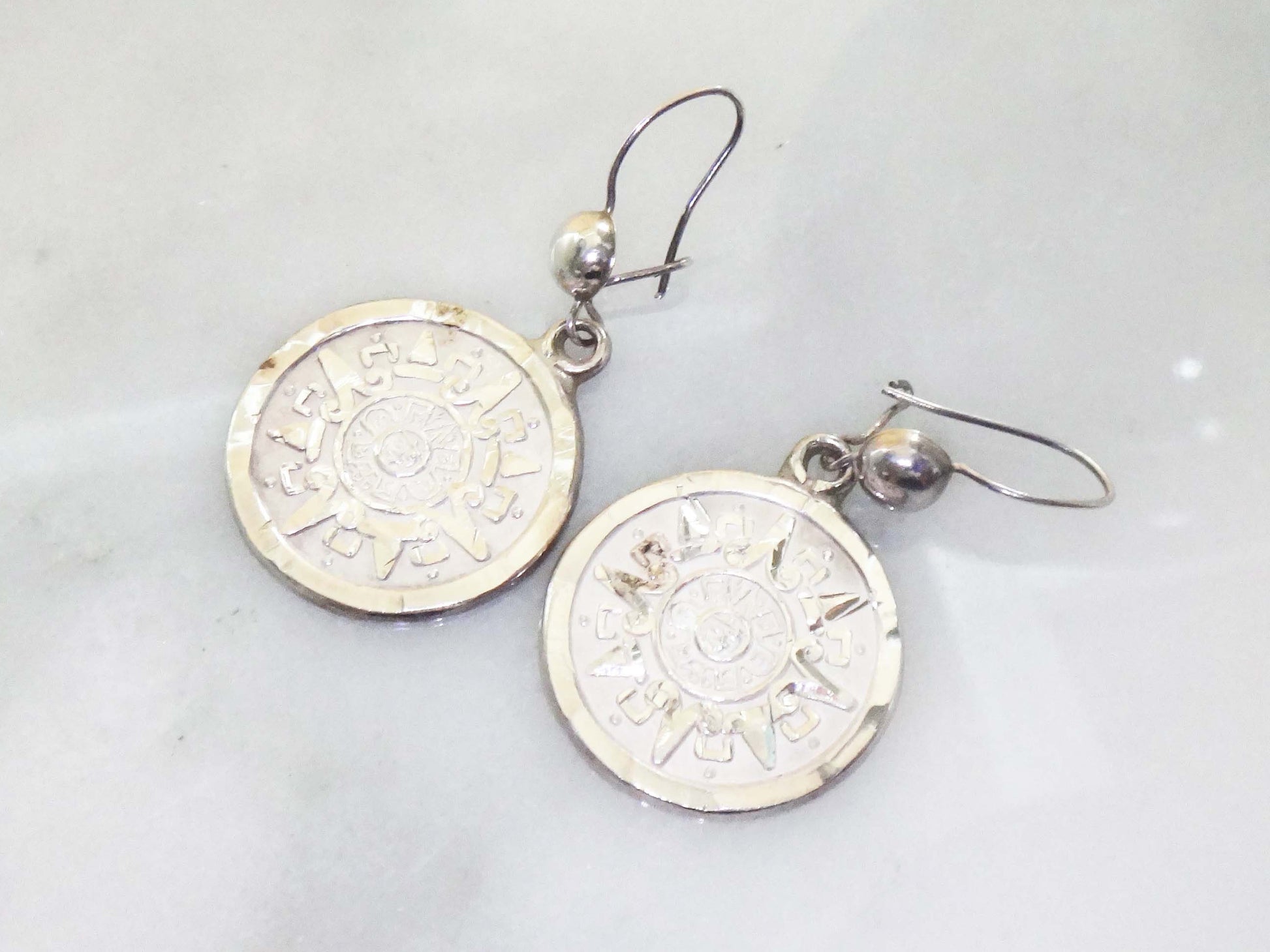 Vintage Sterling Silver Aztec Sun Calendar Earrings - Mayan Discs