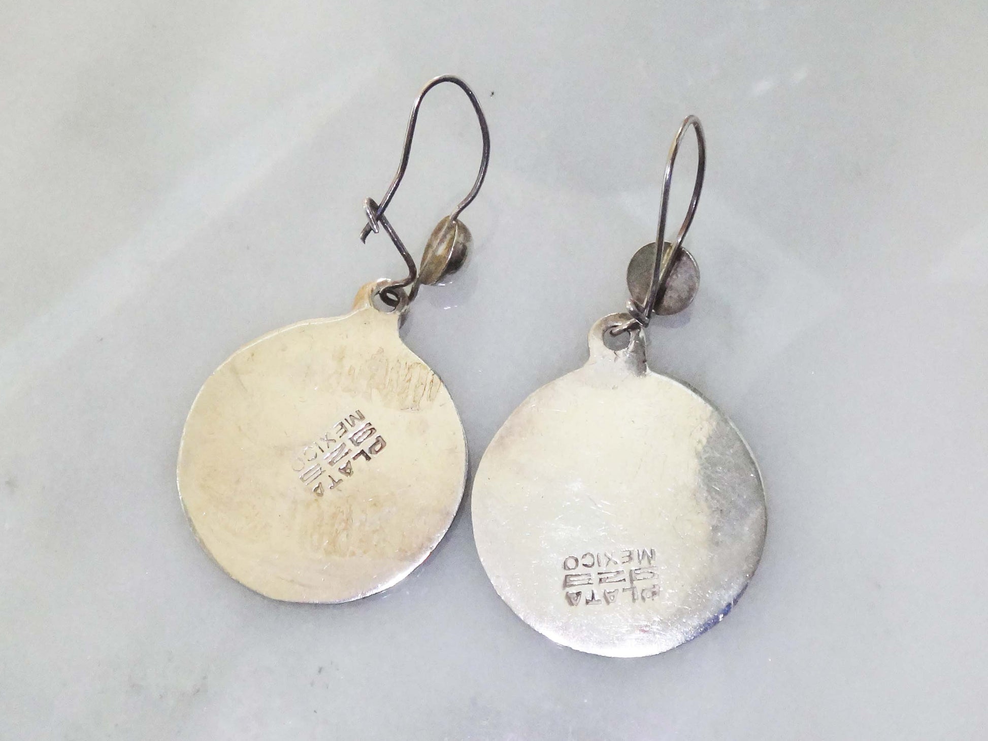 Vintage Sterling Silver Aztec Sun Calendar Earrings - Mayan Discs