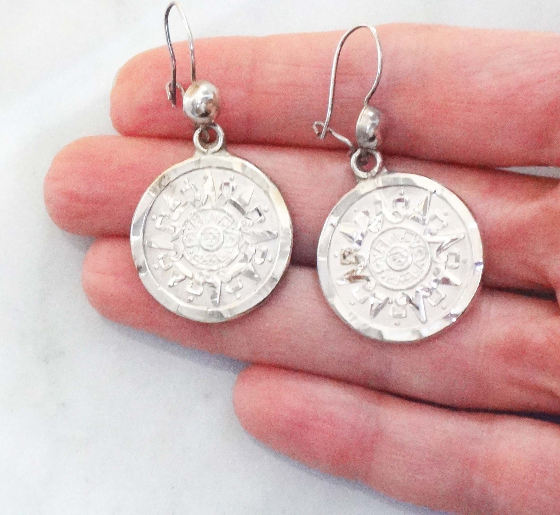 Vintage Sterling Silver Aztec Sun Calendar Earrings - Mayan Discs