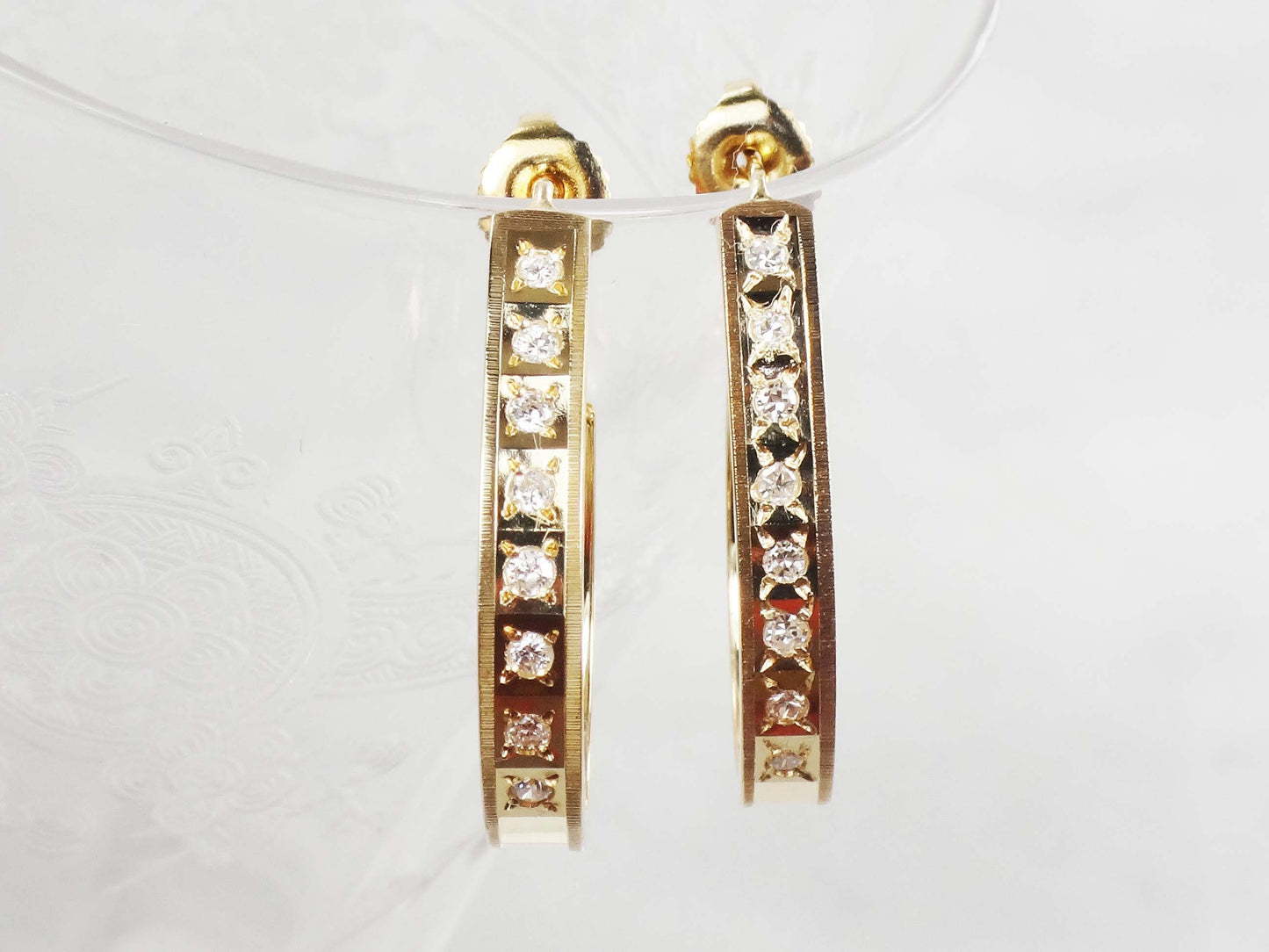 Vintage 14k Yellow Gold Natural Diamond Half Hoop Earrings Approx .40 CT TDW Large Gold Diamond Earrings