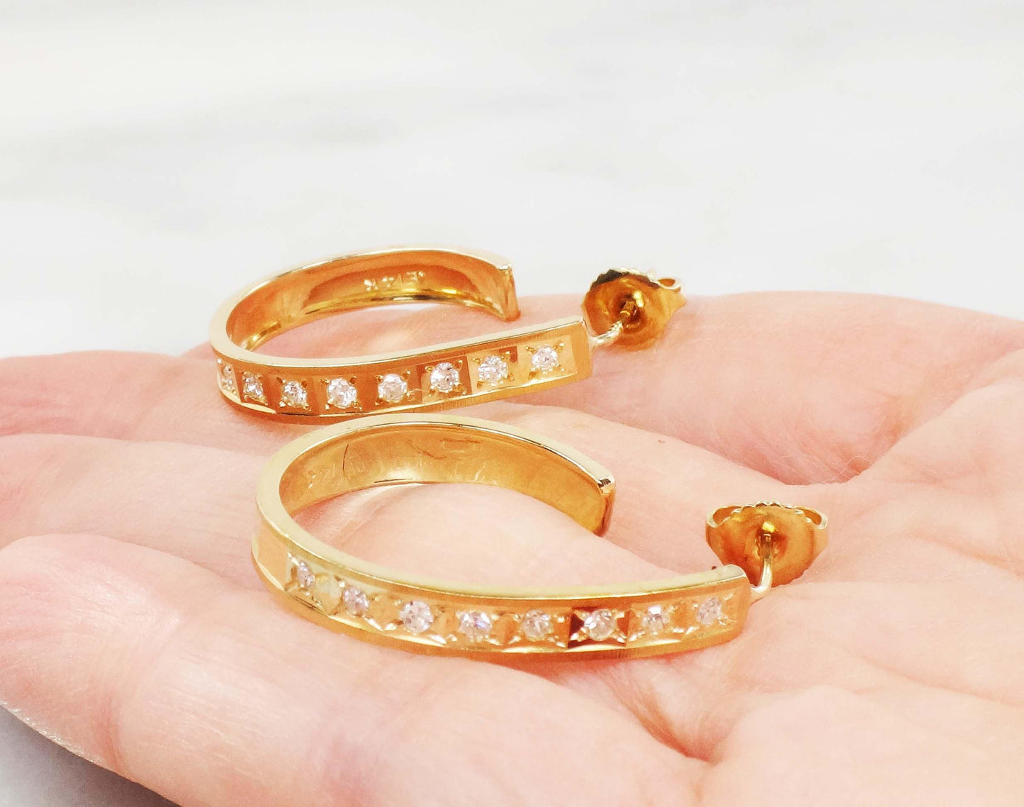 Vintage 14k Yellow Gold Natural Diamond Half Hoop Earrings Approx .40 CT TDW Large Gold Diamond Earrings