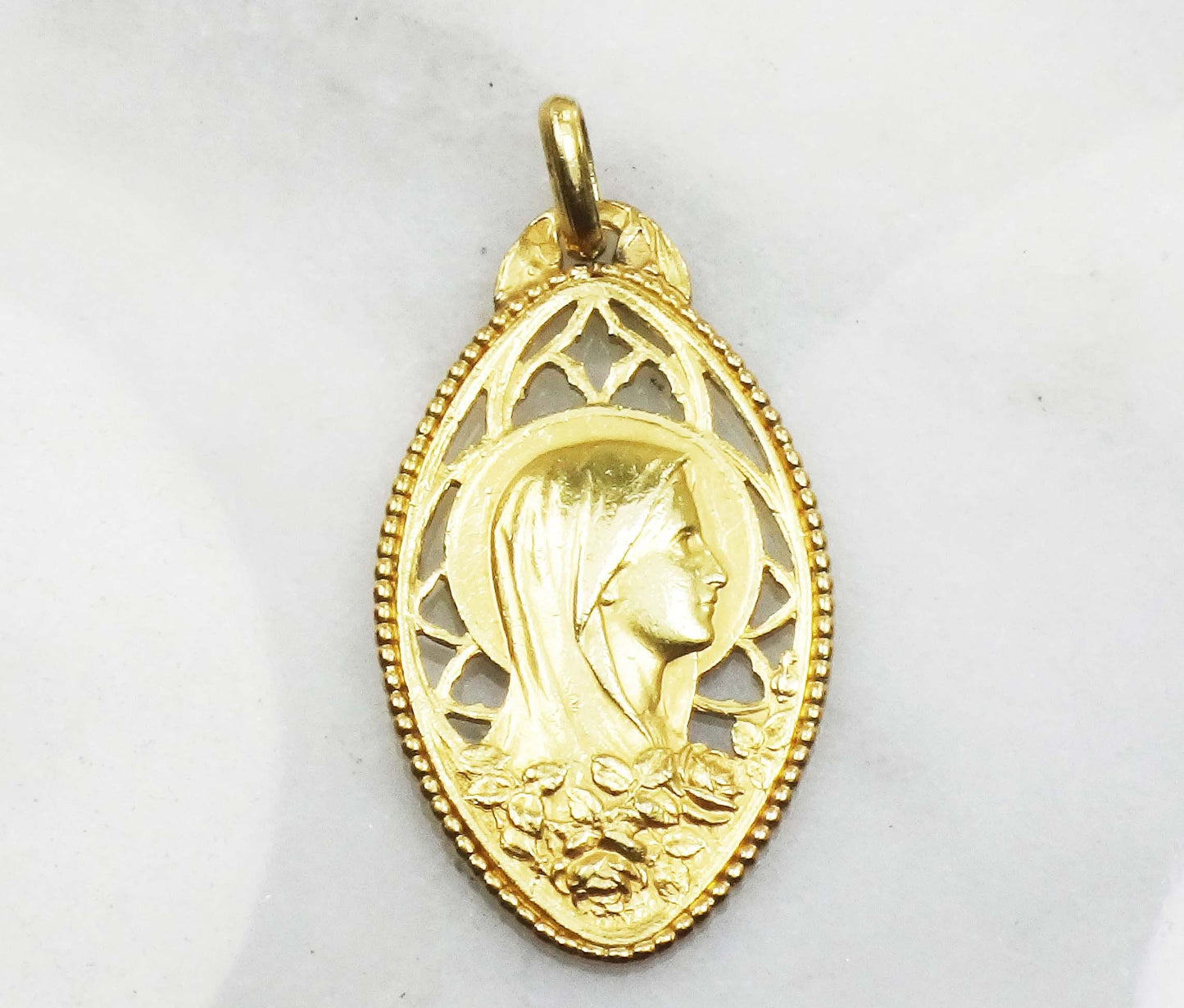 Vintage 18k Yellow Gold Virgin Mary Medal Mother Mary Charm - Catholic Religious Pendant Circa 1930's