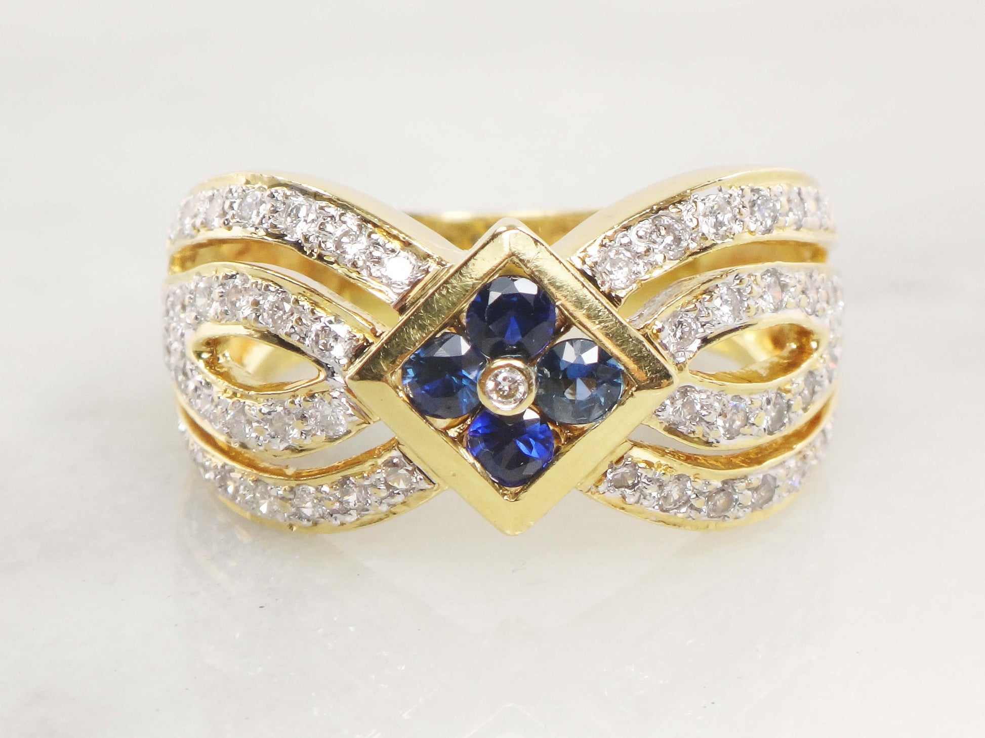 Vintage 18k Yellow Gold Natural Blue Sapphire and Diamond Ring, Wide Fancy Cigar Band Ring, Size 7.25