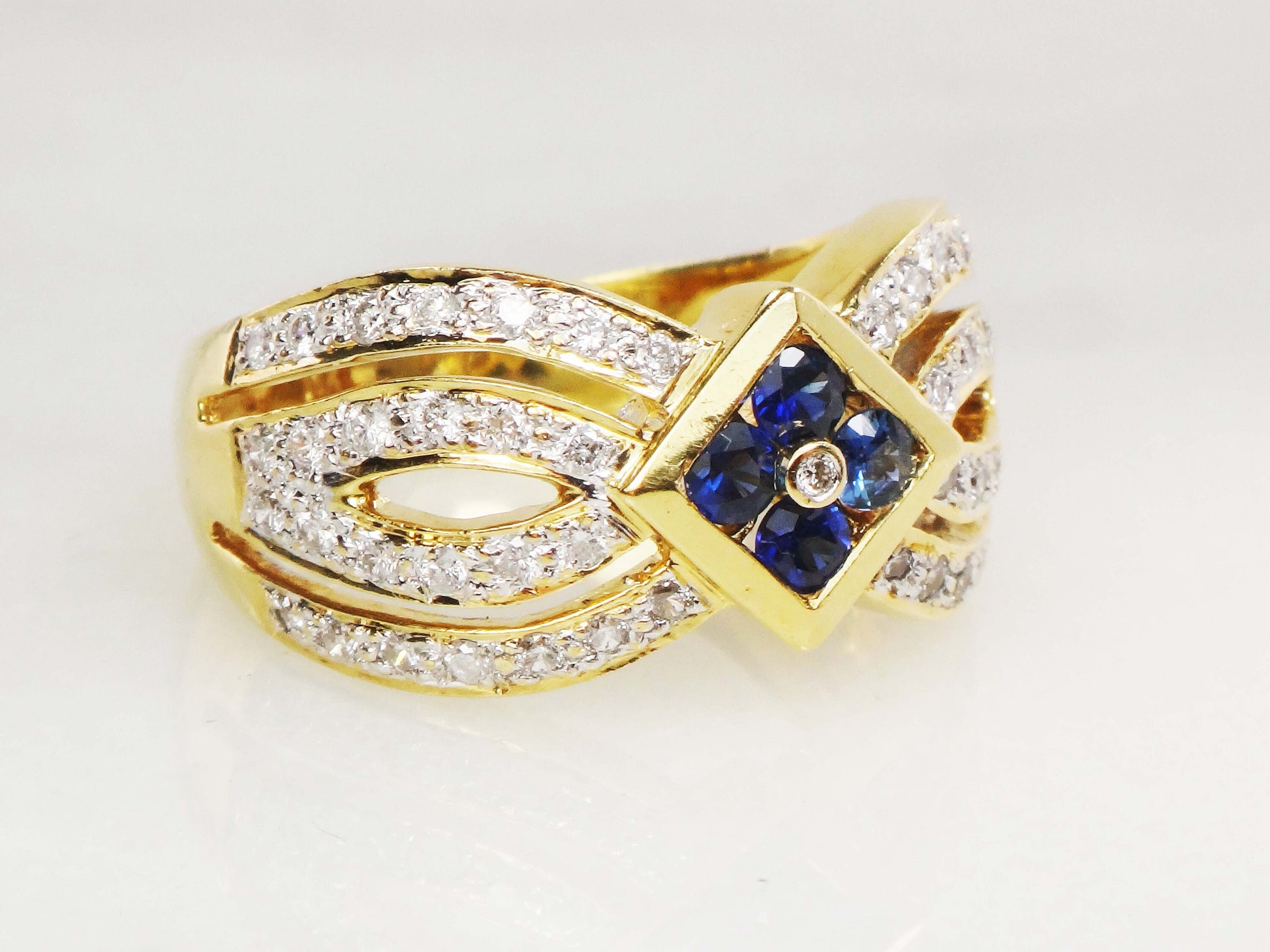 Vintage 18k Yellow Gold Natural Blue Sapphire and Diamond Ring, Wide Fancy Cigar Band Ring, Size 7.25
