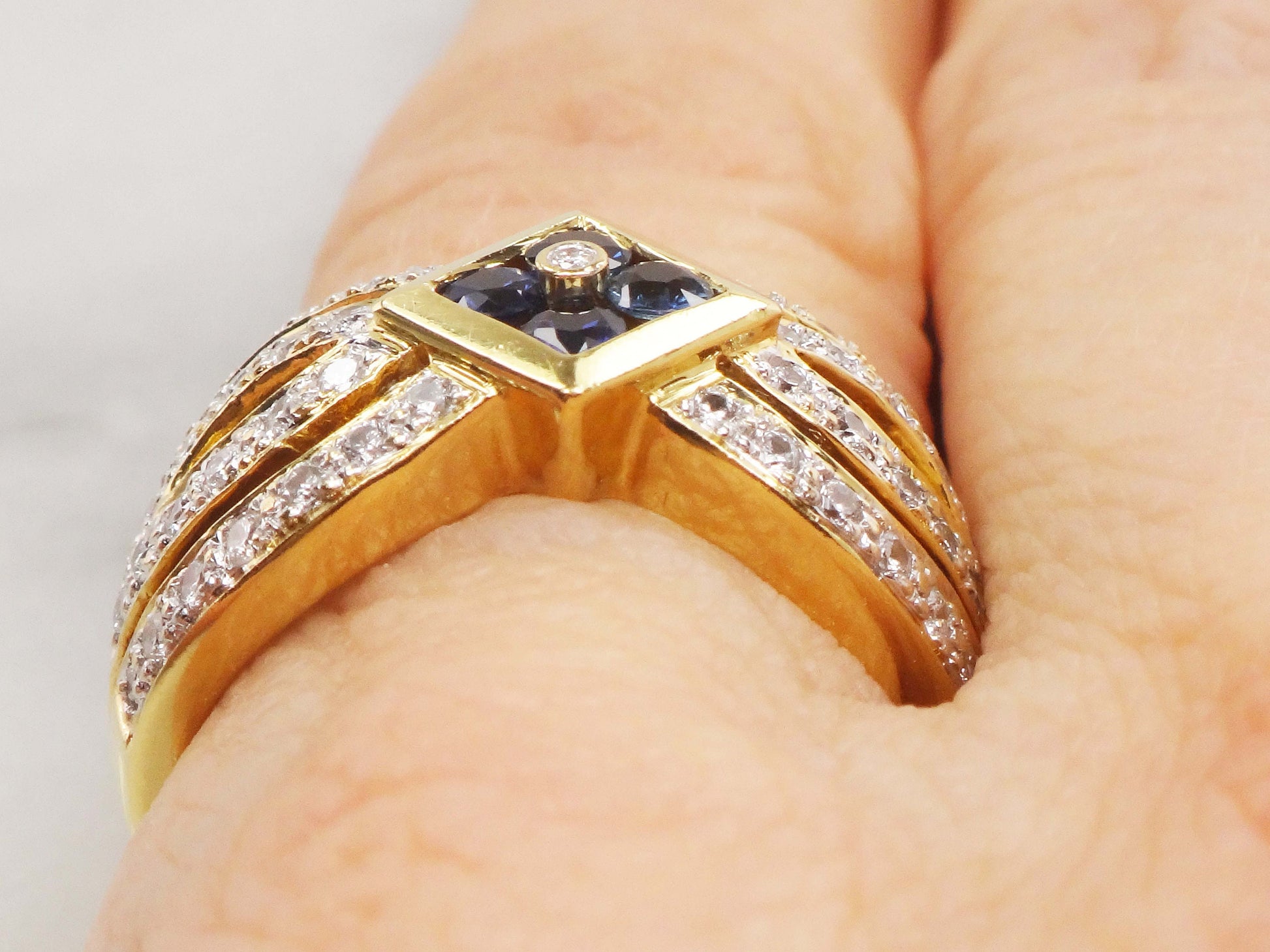 Vintage 18k Yellow Gold Natural Blue Sapphire and Diamond Ring, Wide Fancy Cigar Band Ring, Size 7.25