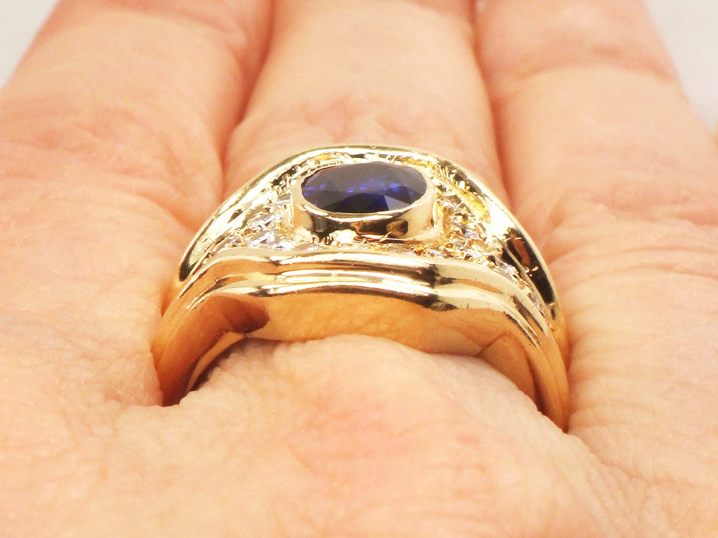 Vintage 14k Yellow Gold GIA Certified Natural Blue Sapphire and Natural Diamond Ring Size 6
