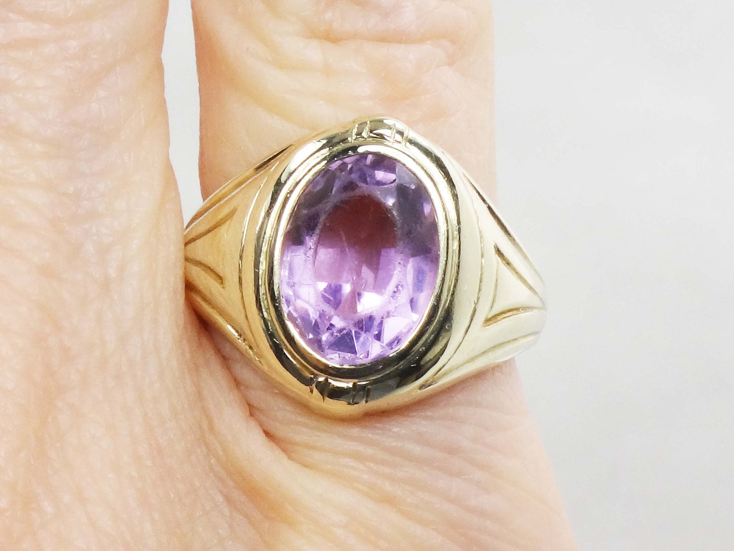 Vintage 14k Yellow Gold Natural Amethyst Ring Art Deco Purple Stone Ring - Pinky Ring Size 3.5