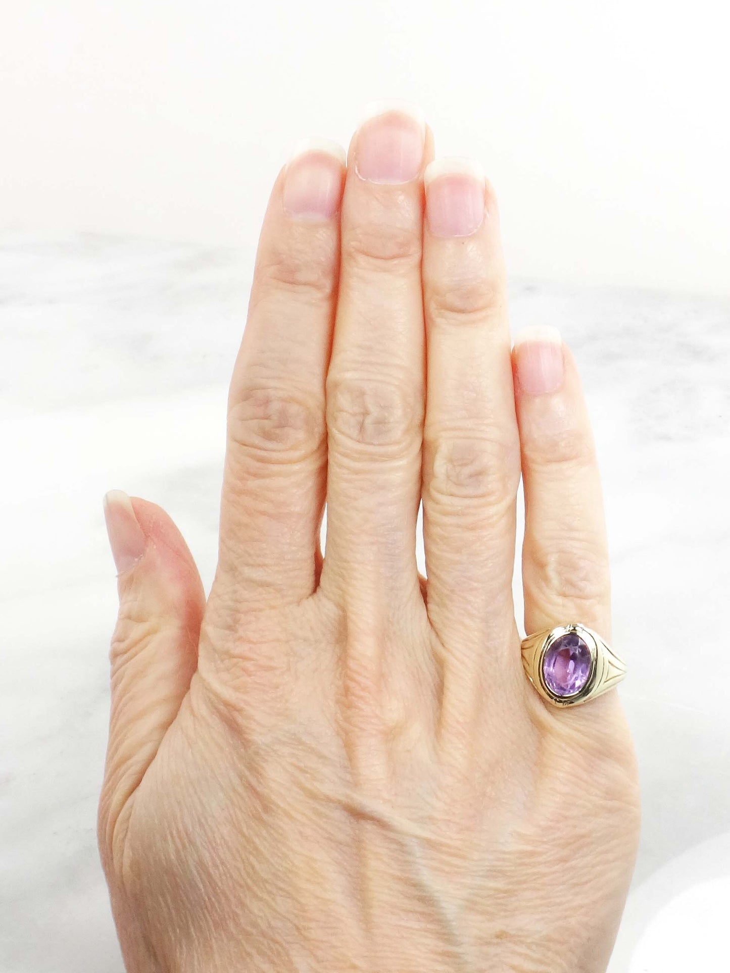 Vintage 14k Yellow Gold Natural Amethyst Ring Art Deco Purple Stone Ring - Pinky Ring Size 3.5