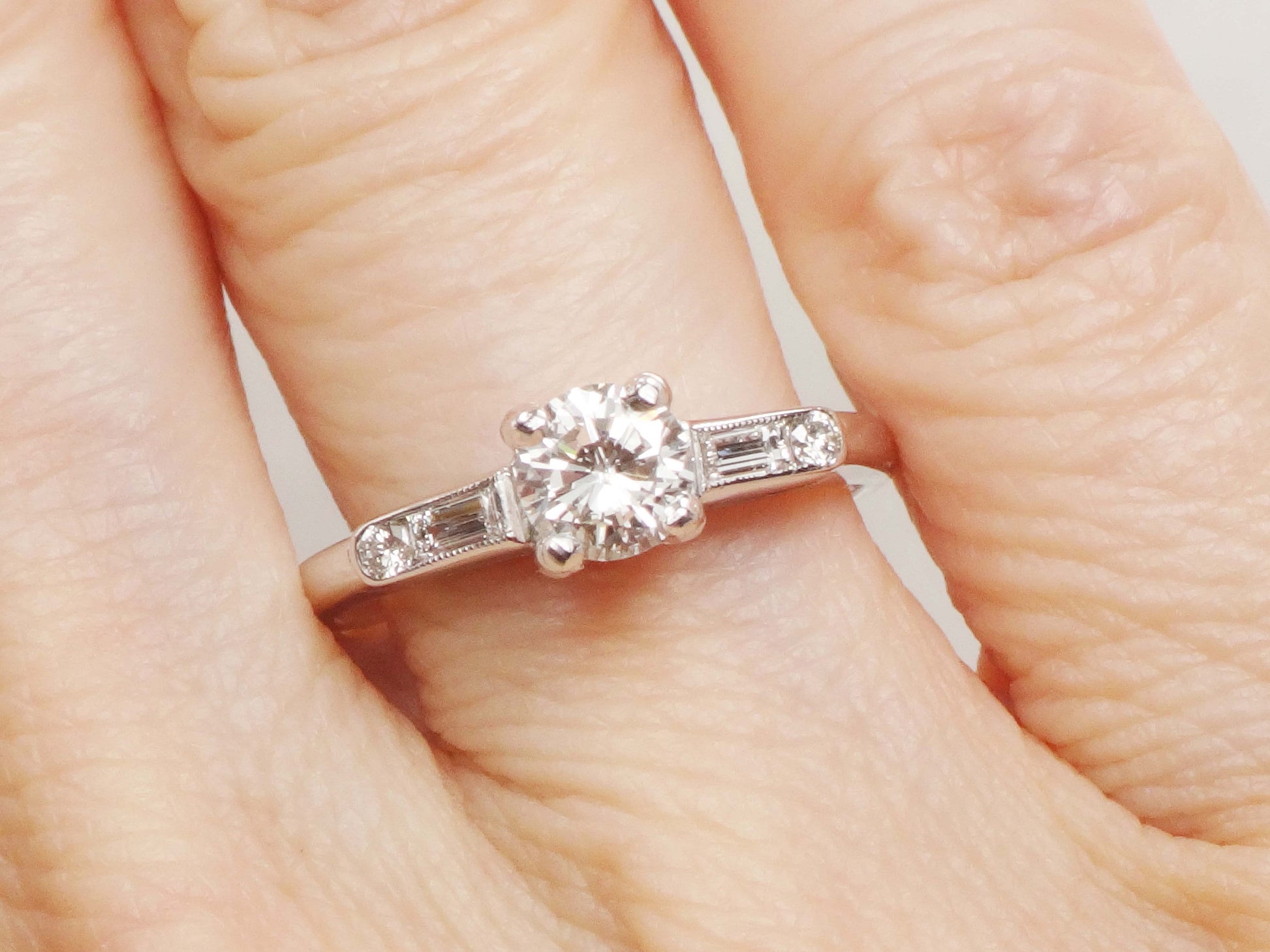 Vintage 14k White Gold Natural Diamond Engagement Ring GIA Certified .52 Carat Round Brilliant Diamond Engagement Ring Size 6.5