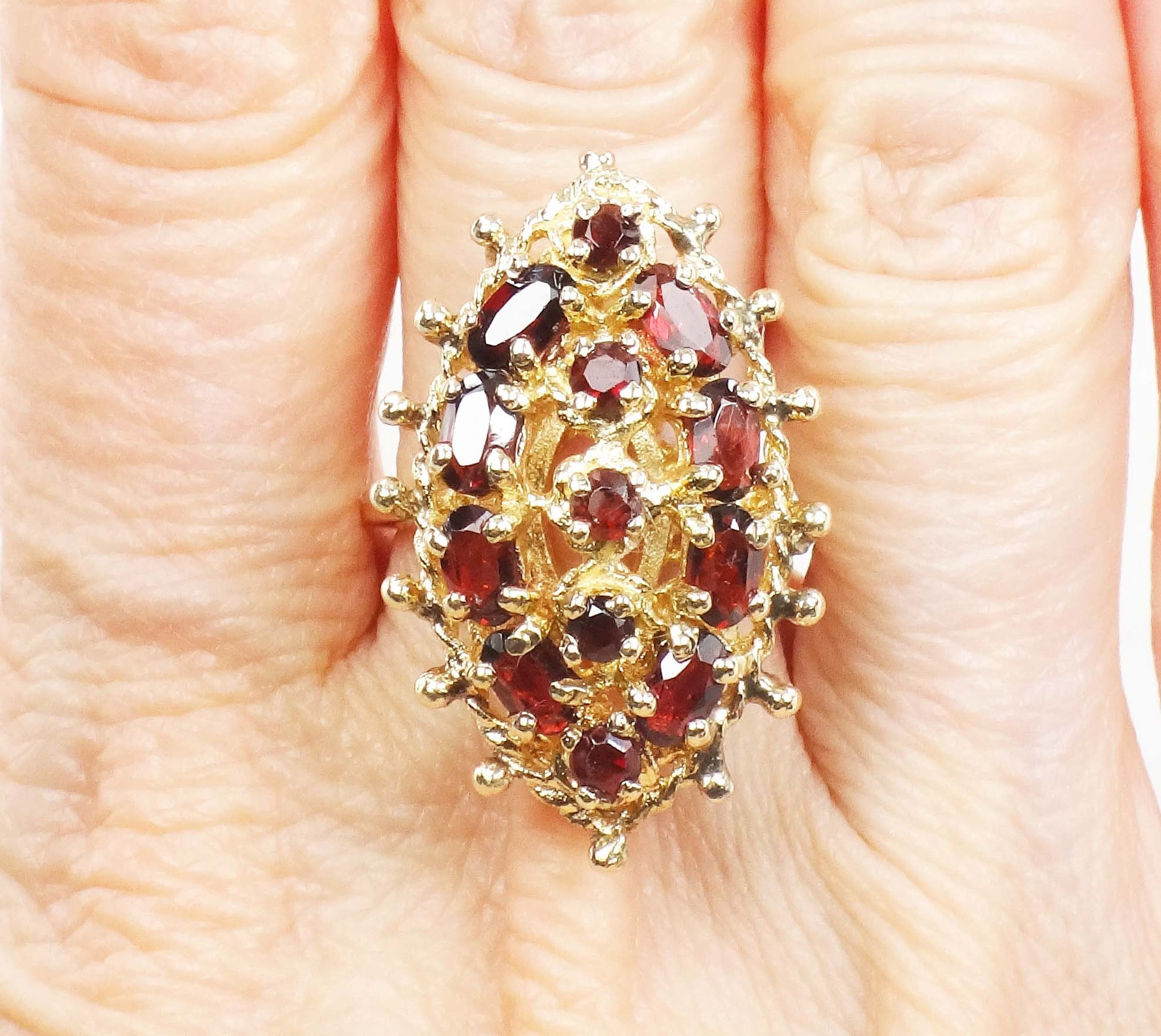 Vintage 14k Yellow Gold Large Garnet Cluster Ring - January Birthstone Ring - Size 6.5