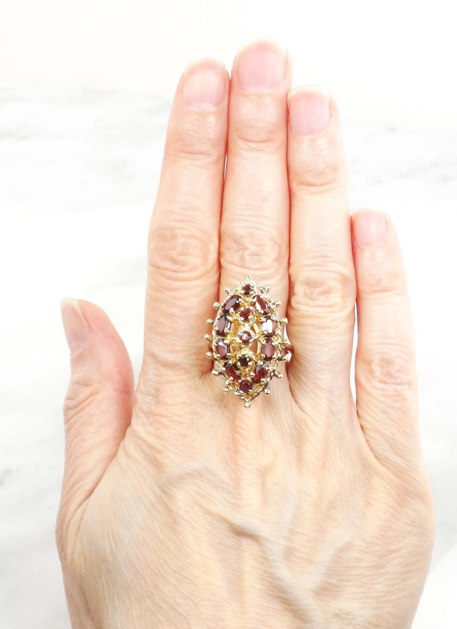 Vintage 14k Yellow Gold Large Garnet Cluster Ring - January Birthstone Ring - Size 6.5