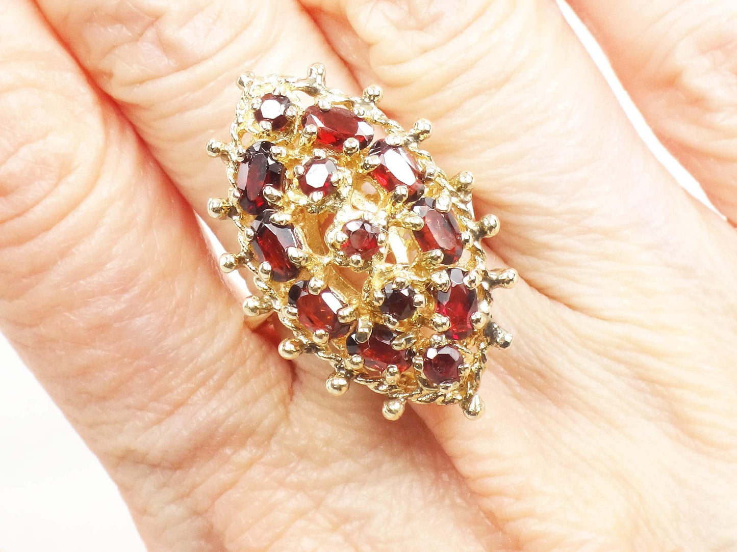 Vintage 14k Yellow Gold Large Garnet Cluster Ring - January Birthstone Ring - Size 6.5