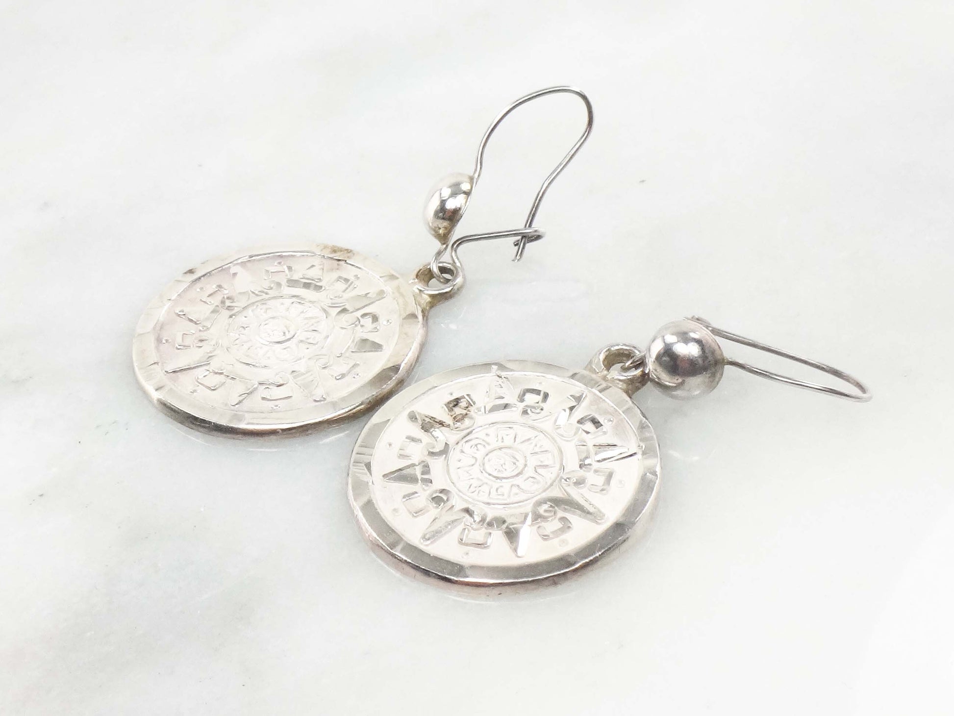 Vintage Sterling Silver Aztec Sun Calendar Earrings - Mayan Discs