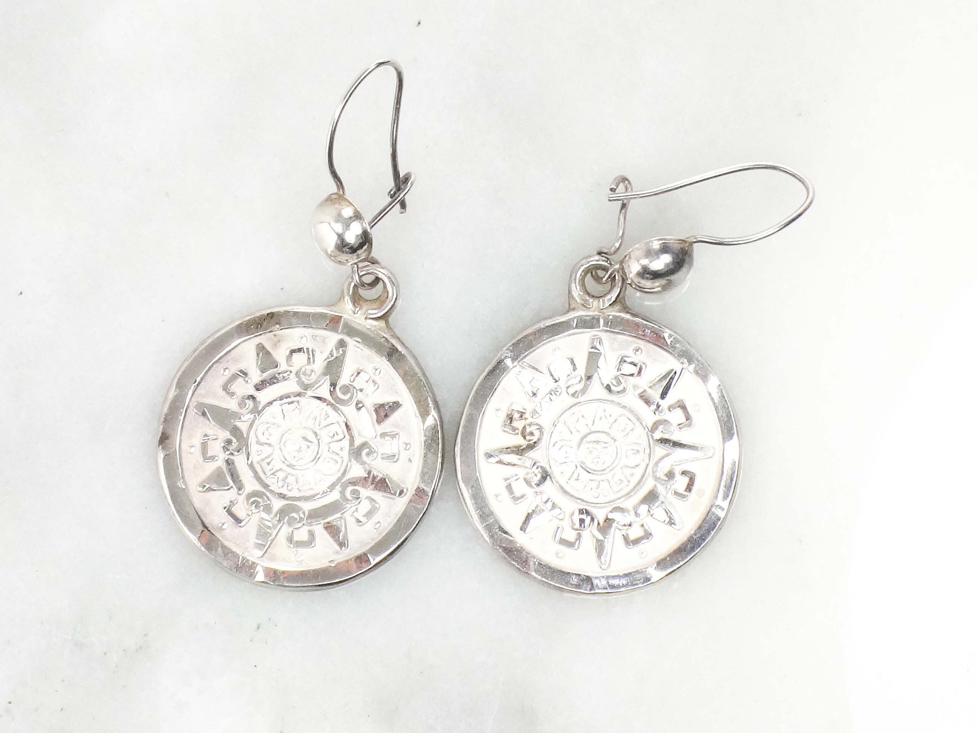 Vintage Sterling Silver Aztec Sun Calendar Earrings - Mayan Discs