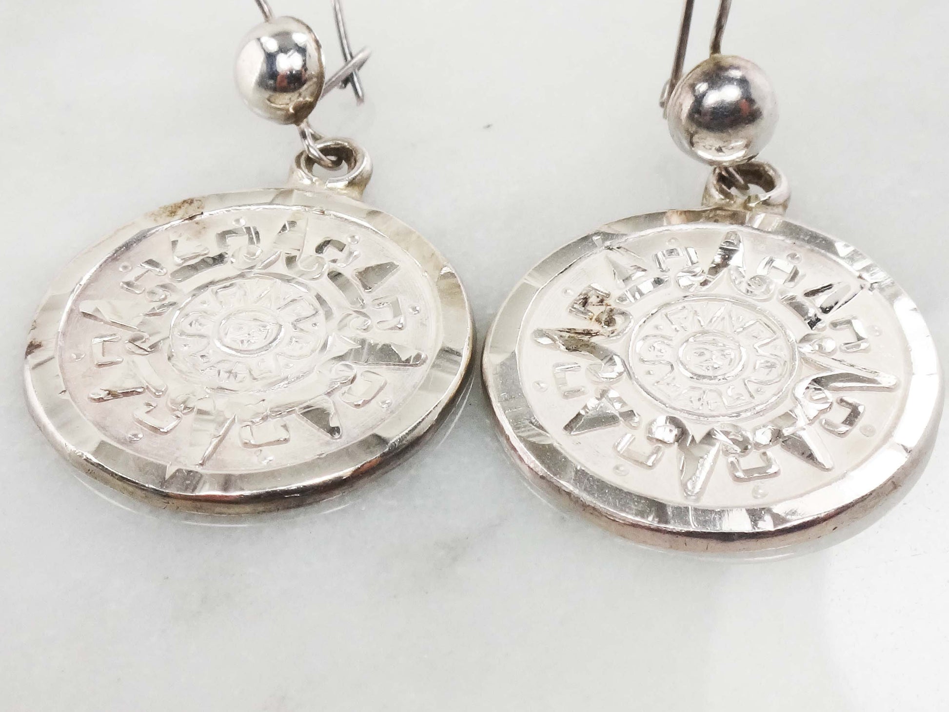 Vintage Sterling Silver Aztec Sun Calendar Earrings - Mayan Discs