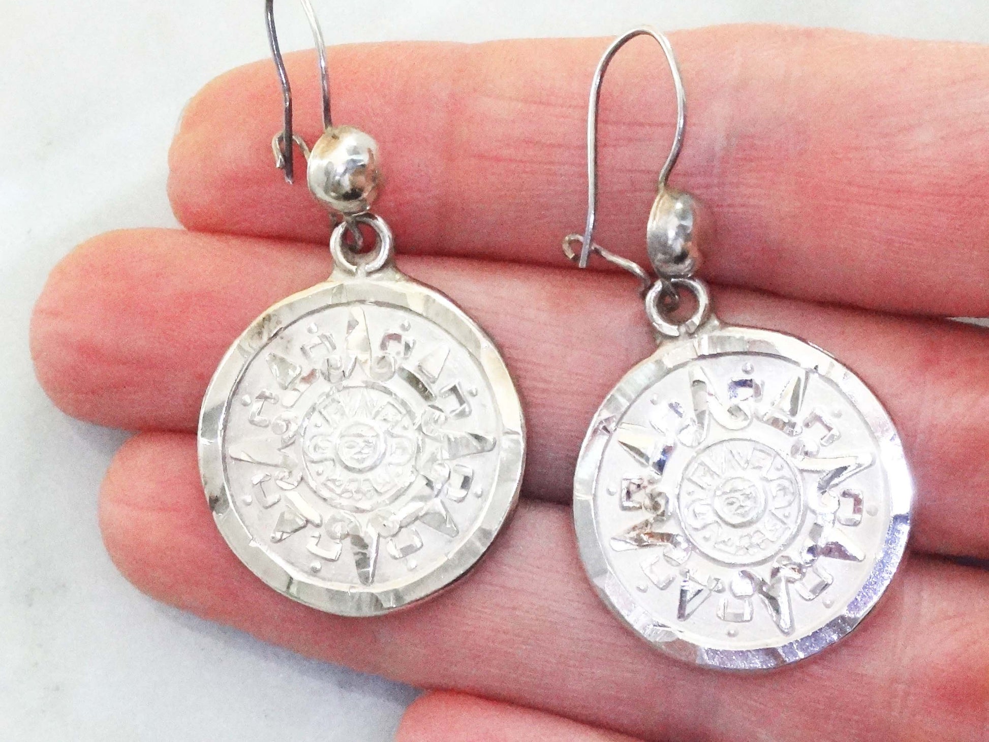 Vintage Sterling Silver Aztec Sun Calendar Earrings - Mayan Discs