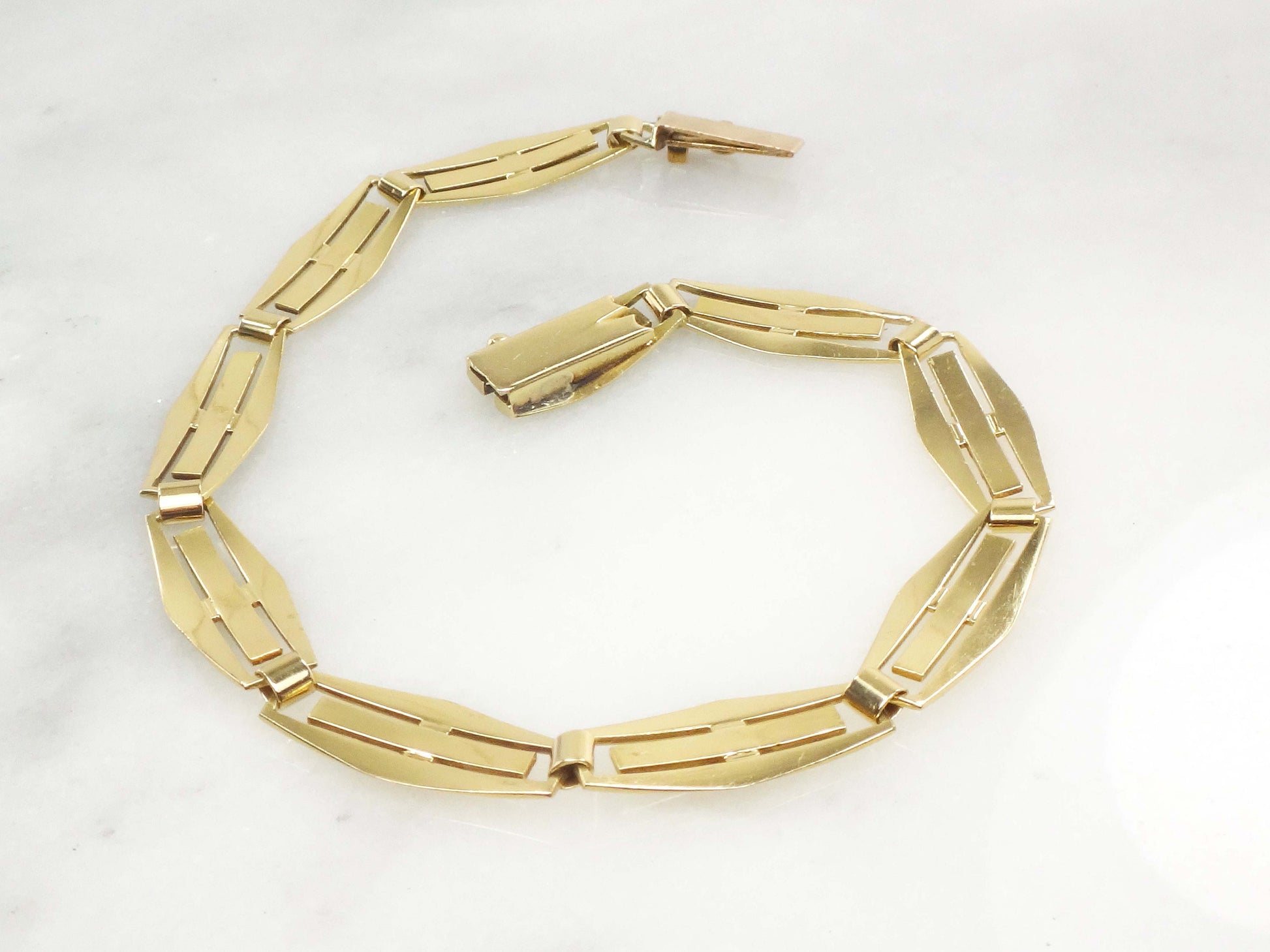 Vintage 14k Yellow Gold Geometric Link Bracelet - 1960s 7 5/8"