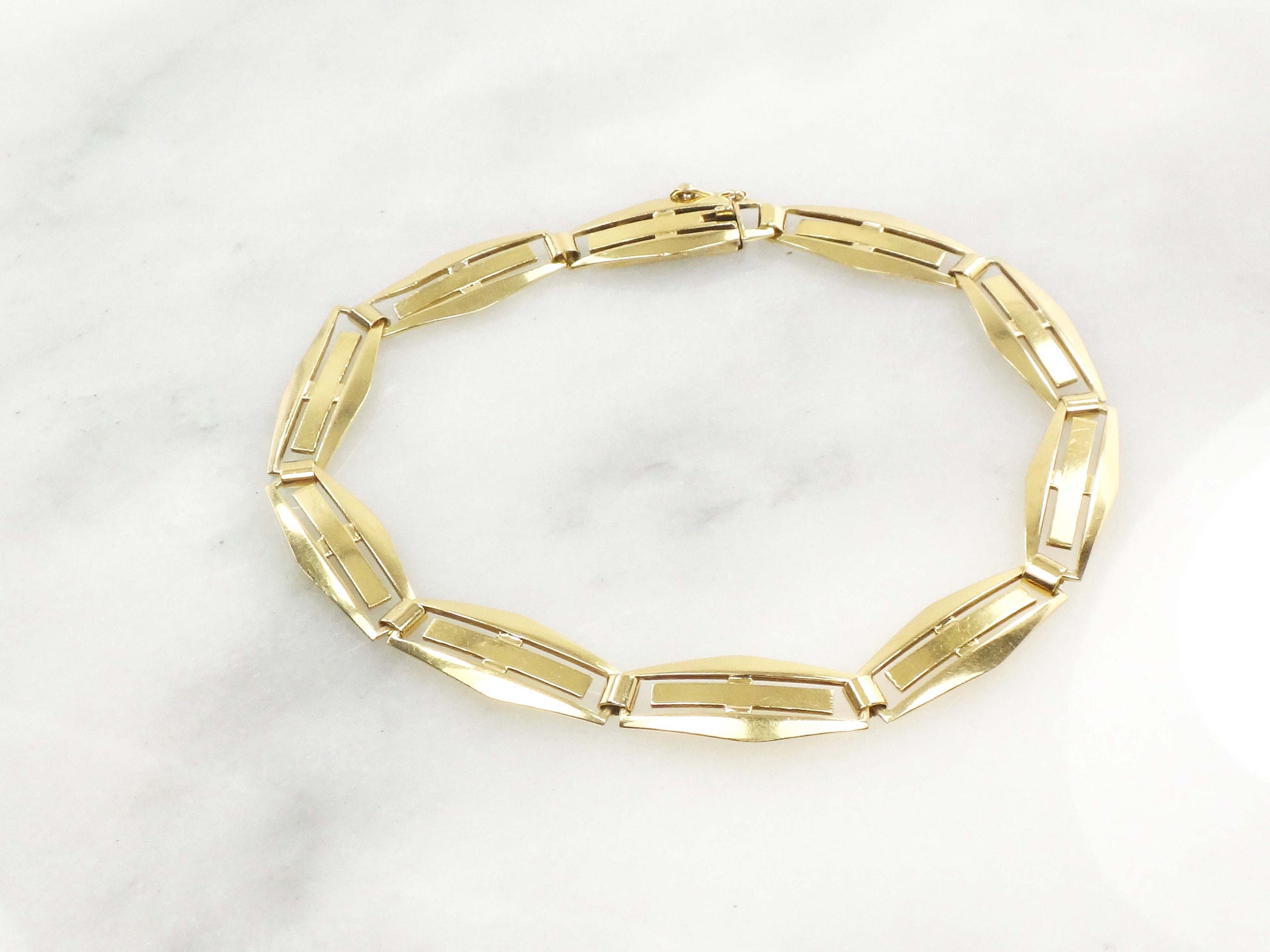 Vintage 14k Yellow Gold Geometric Link Bracelet - 1960s 7 5/8"