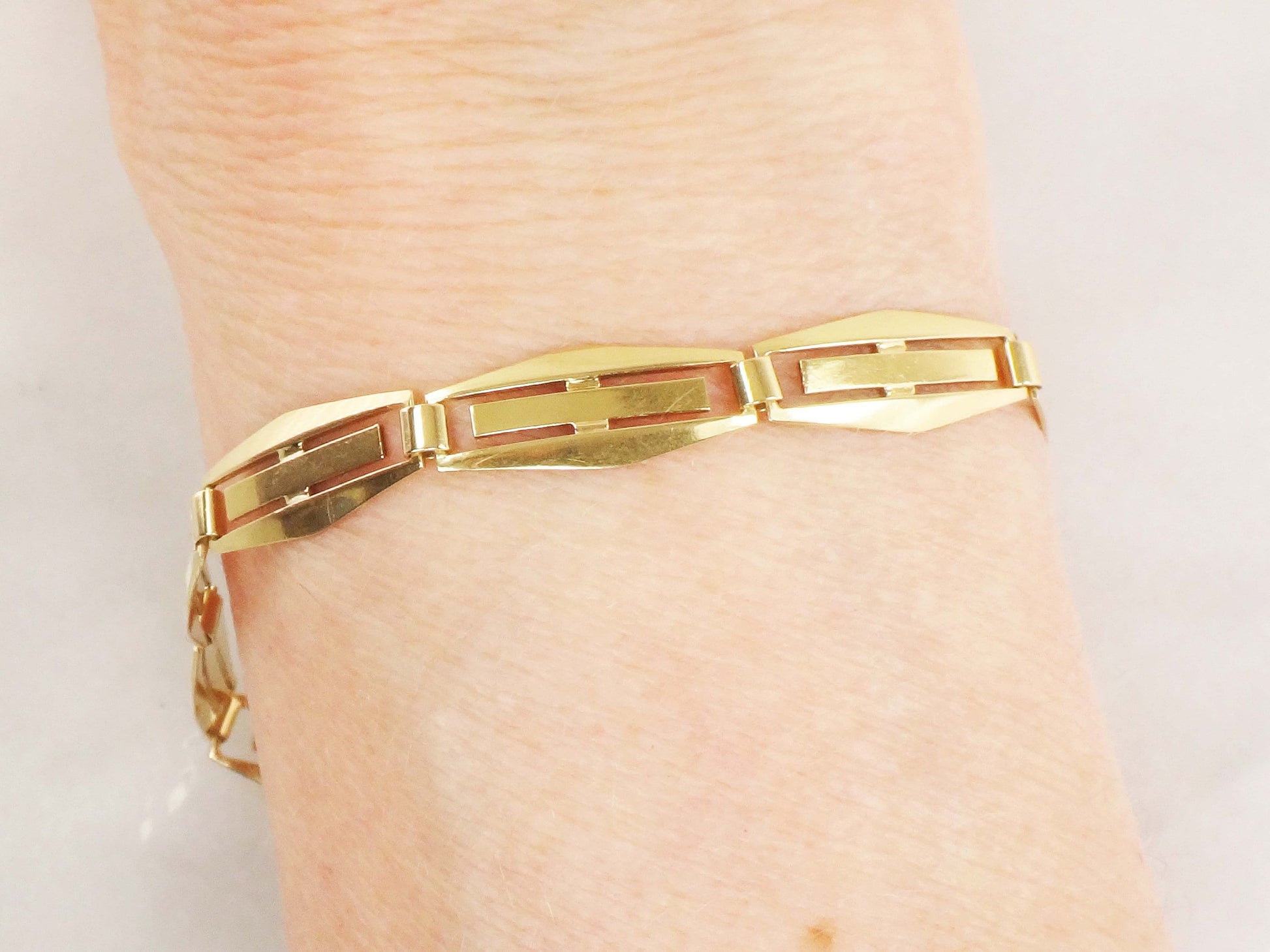 Vintage 14k Yellow Gold Geometric Link Bracelet - 1960s 7 5/8"