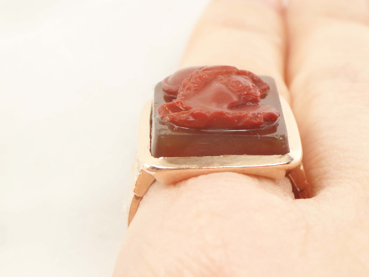 Vintage Victorian Carnelian Cameo Ring: 14k Rose Gold, Size 8