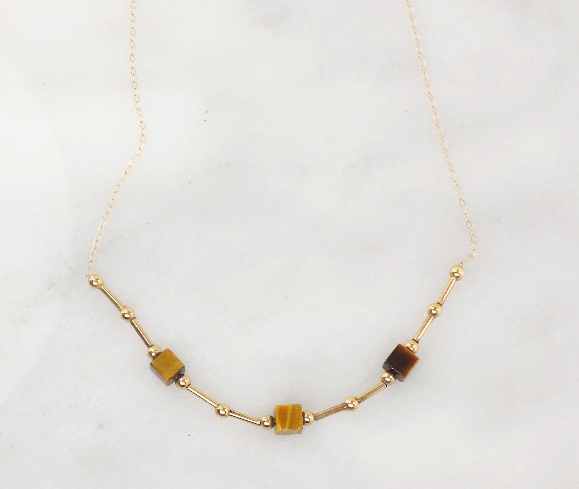 Vintage 14k Yellow Gold Tiger Eye Station Necklace 15.75" Choker Necklace
