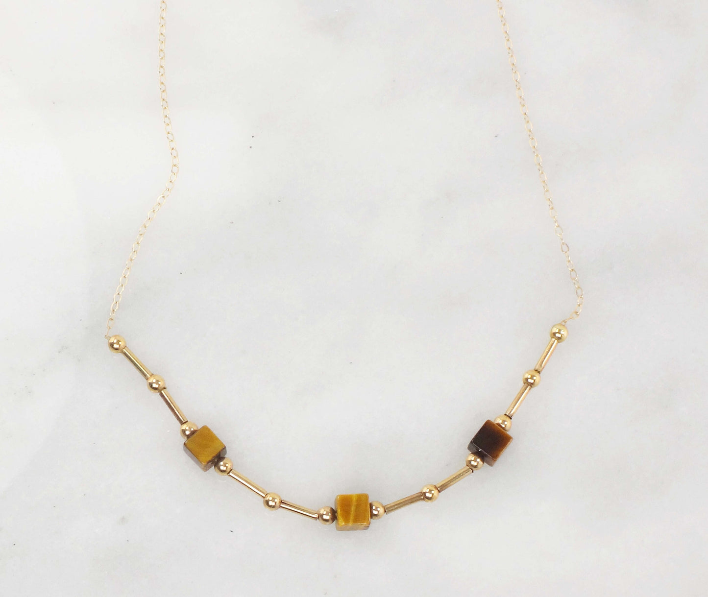 Vintage 14k Yellow Gold Tiger Eye Station Necklace 15.75" Choker Necklace