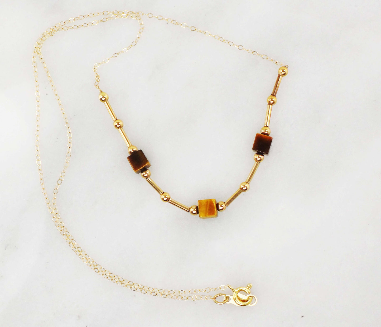 Vintage 14k Yellow Gold Tiger Eye Station Necklace 15.75" Choker Necklace