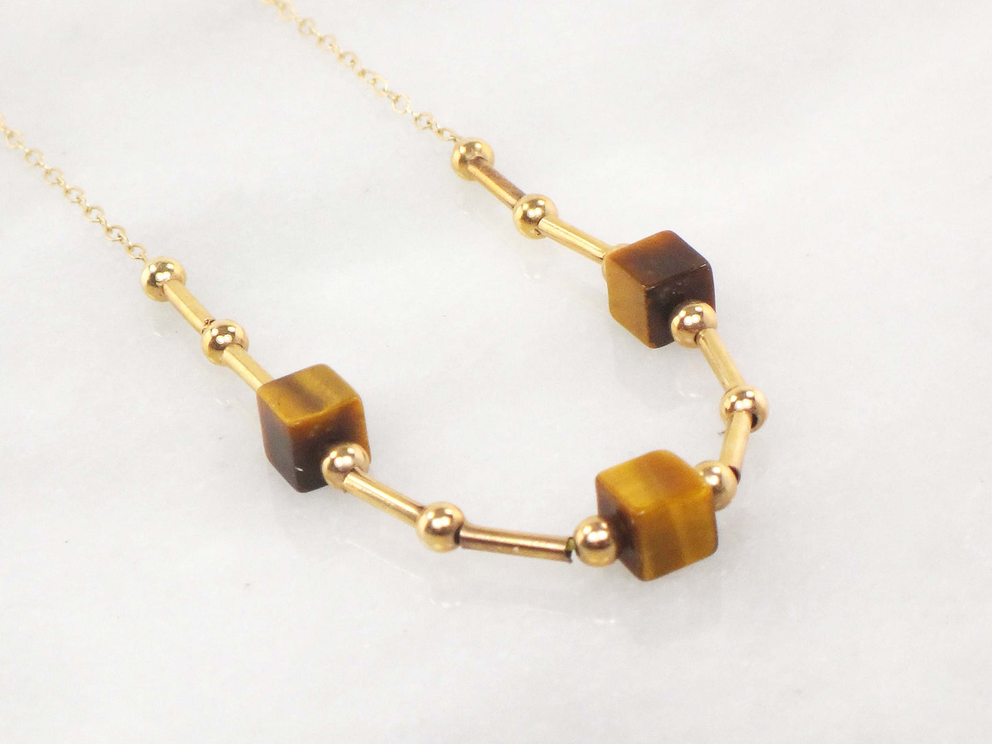 Vintage 14k Yellow Gold Tiger Eye Station Necklace 15.75" Choker Necklace