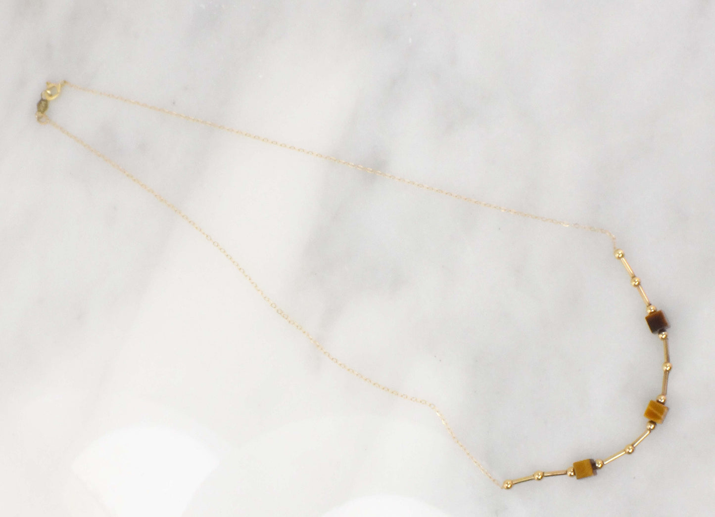 Vintage 14k Yellow Gold Tiger Eye Station Necklace 15.75" Choker Necklace