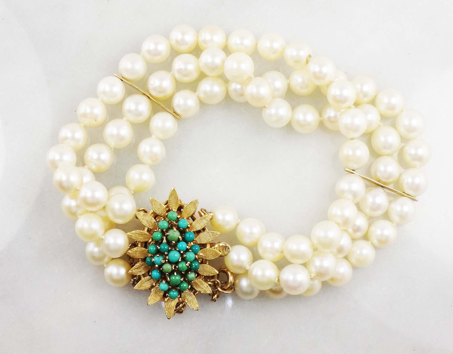 Vintage 14k Gold Triple Strand Pearl Bracelet with Turquoise Clasp Saltwater Cultured Pearl and Turquoise Bracelet - Bridal 6.5"