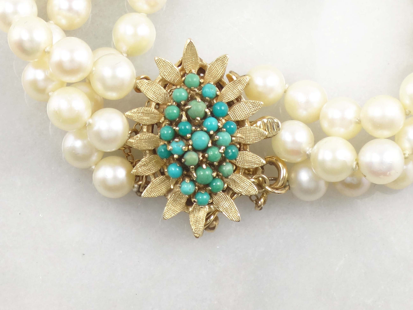 Vintage 14k Gold Triple Strand Pearl Bracelet with Turquoise Clasp Saltwater Cultured Pearl and Turquoise Bracelet - Bridal 6.5"