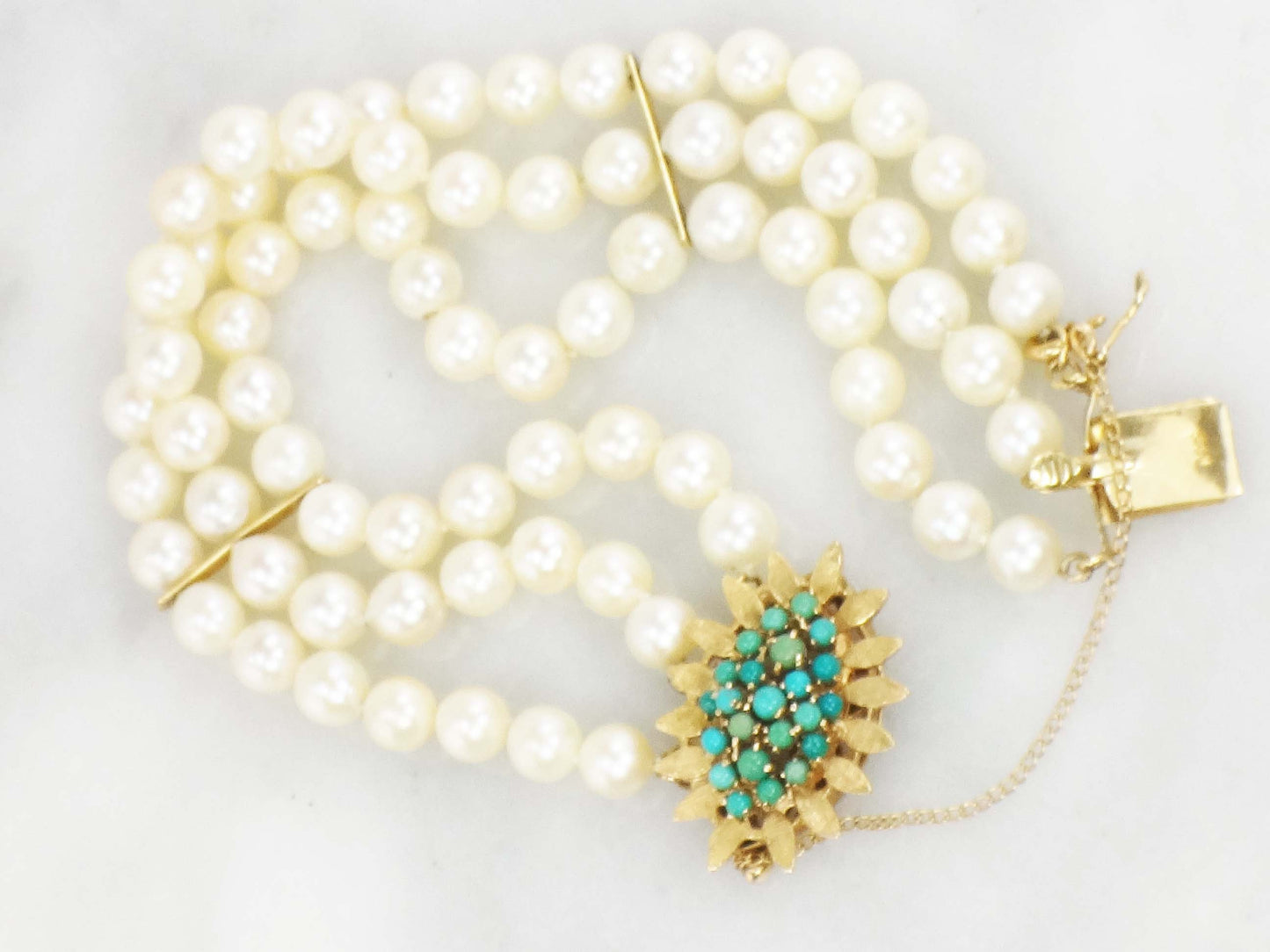 Vintage 14k Gold Triple Strand Pearl Bracelet with Turquoise Clasp Saltwater Cultured Pearl and Turquoise Bracelet - Bridal 6.5"