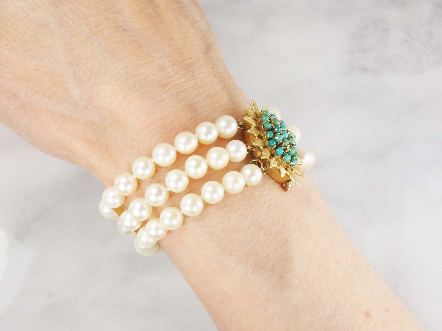 Vintage 14k Gold Triple Strand Pearl Bracelet with Turquoise Clasp Saltwater Cultured Pearl and Turquoise Bracelet - Bridal 6.5"