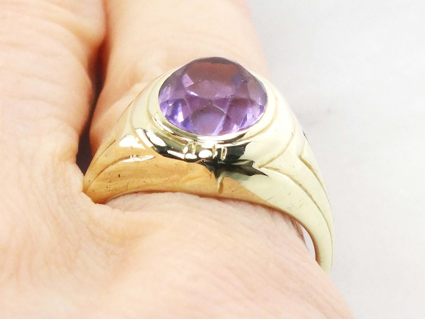 Vintage 14k Yellow Gold Natural Amethyst Ring Art Deco Purple Stone Ring - Pinky Ring Size 3.5