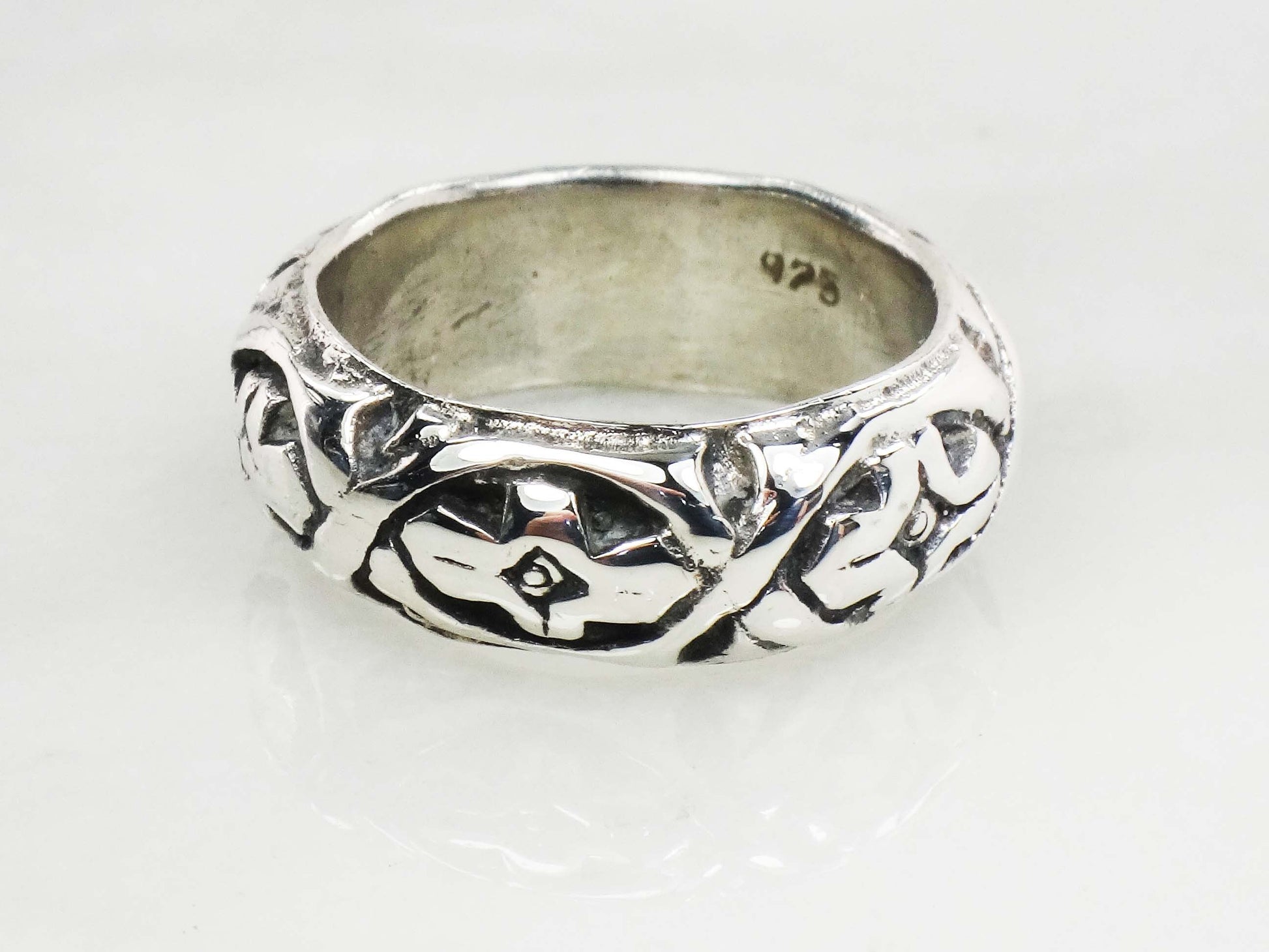 Vintage Sterling Silver Wide Floral Band 8 mm Silver Wedding Ring Size 7