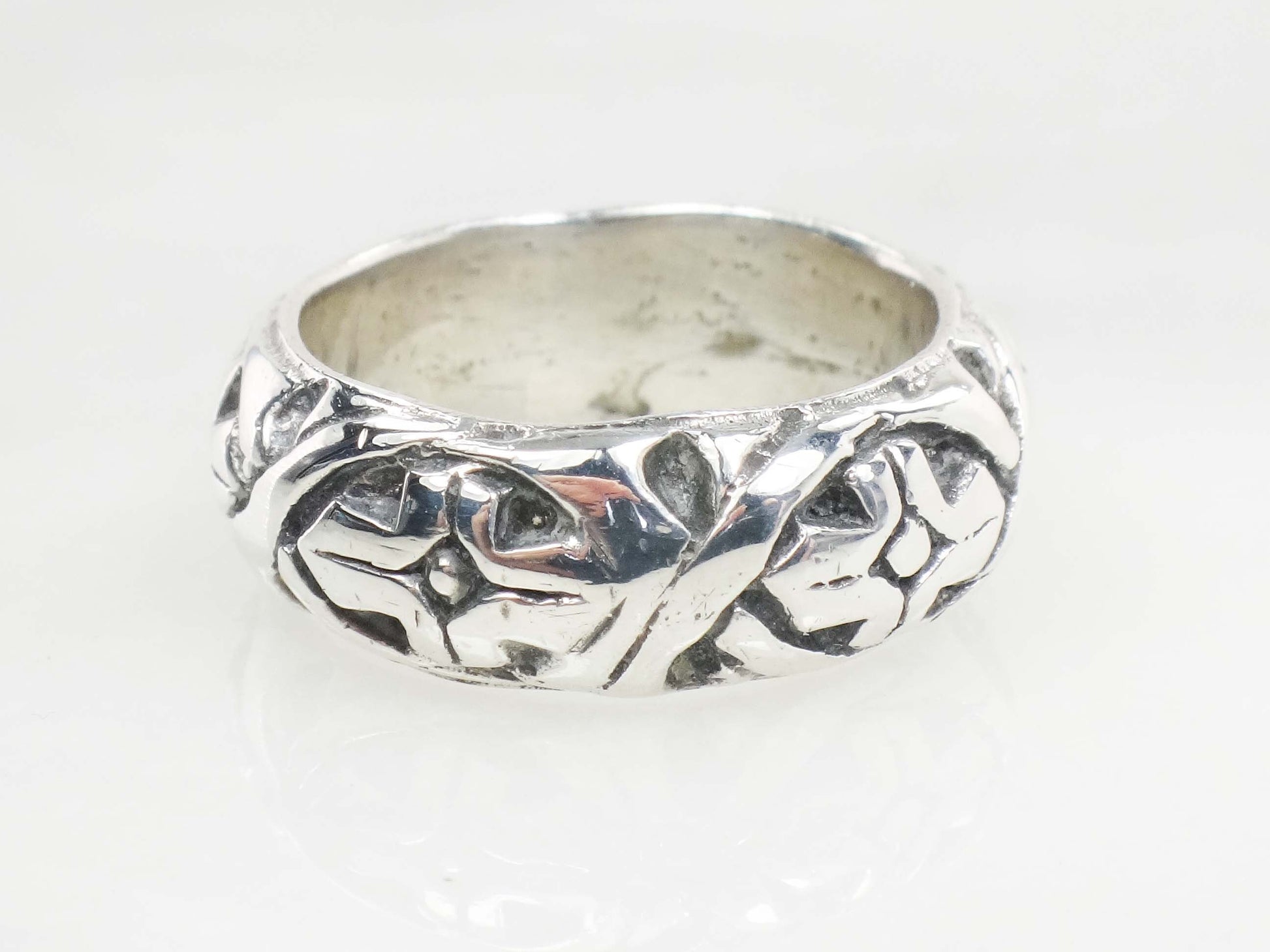 Vintage Sterling Silver Wide Floral Band 8 mm Silver Wedding Ring Size 7