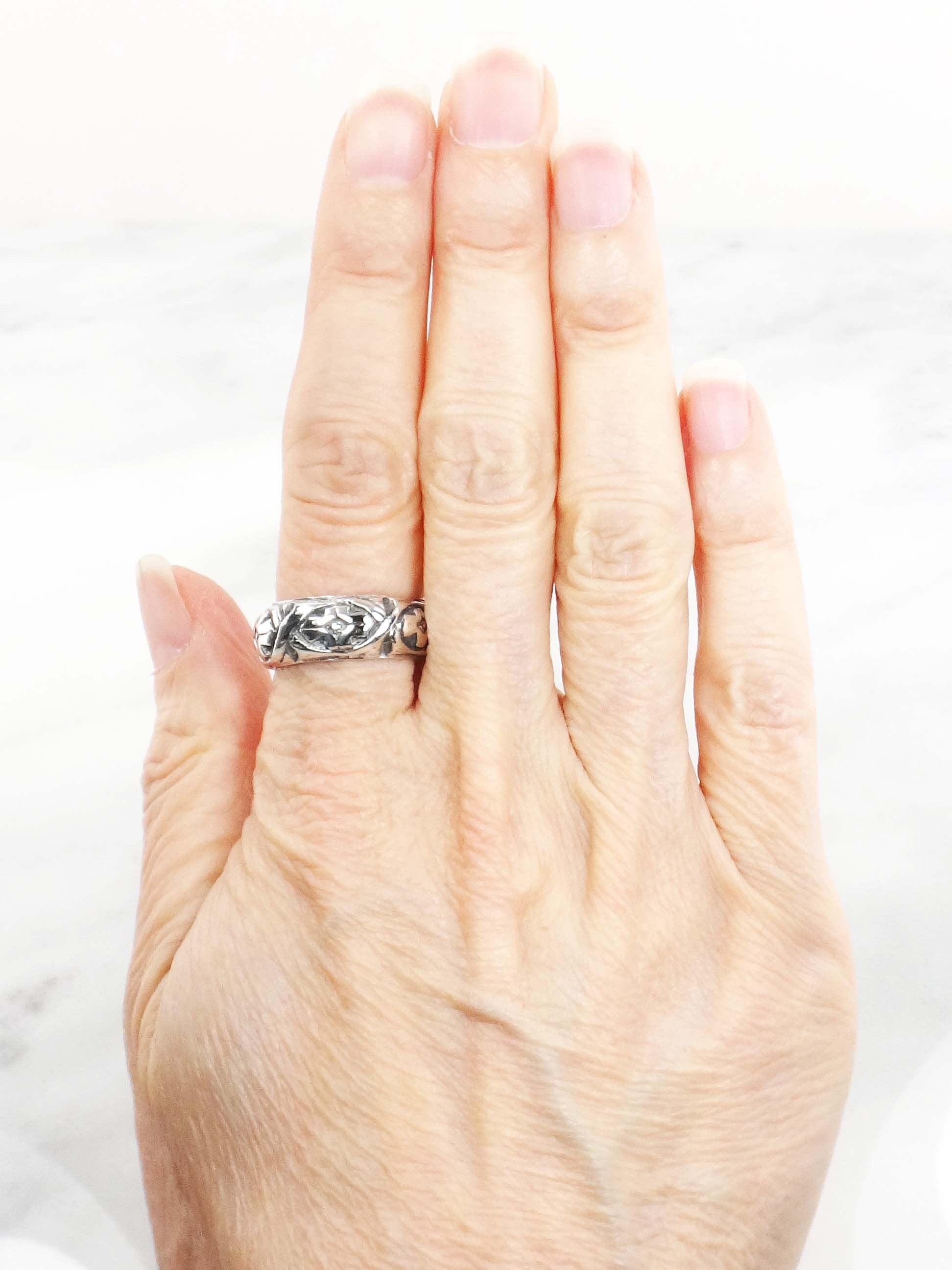 Vintage Sterling Silver Wide Floral Band 8 mm Silver Wedding Ring Size 7