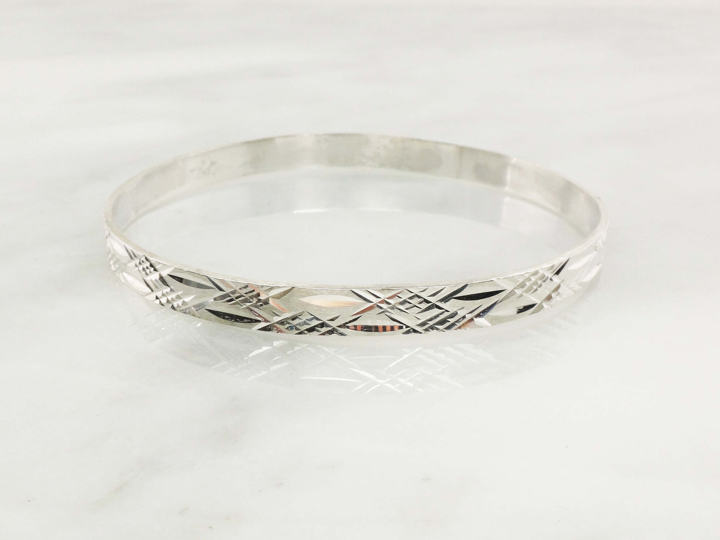 Vintage Sterling Silver Diamond Cut Bangle - Mexico 925 Large Sterling Slip On Bracelet
