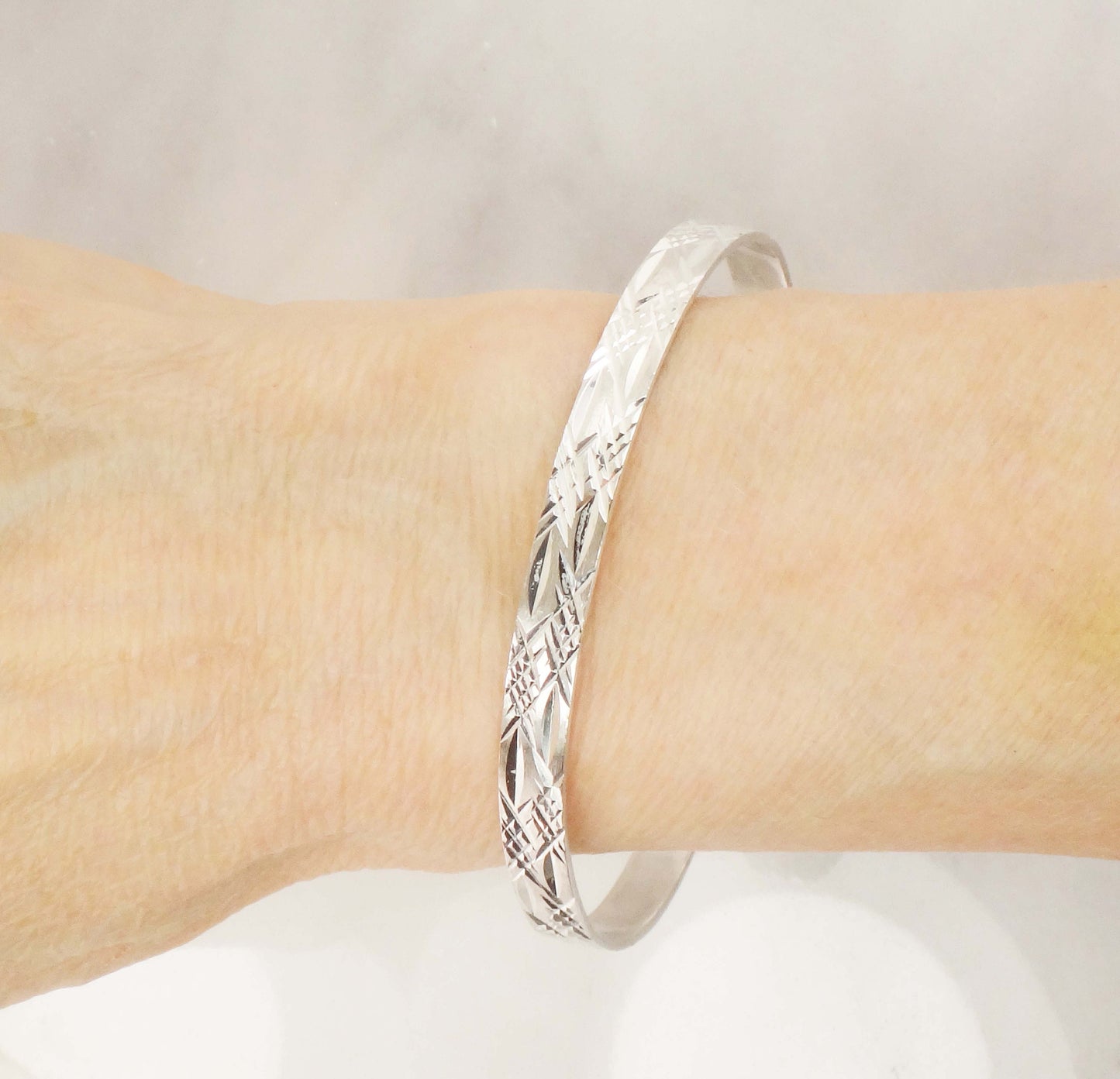 Sterling Silver Diamond Cut Bangle - Vintage Mexico 925 Large Sterling Slip On Bracelet