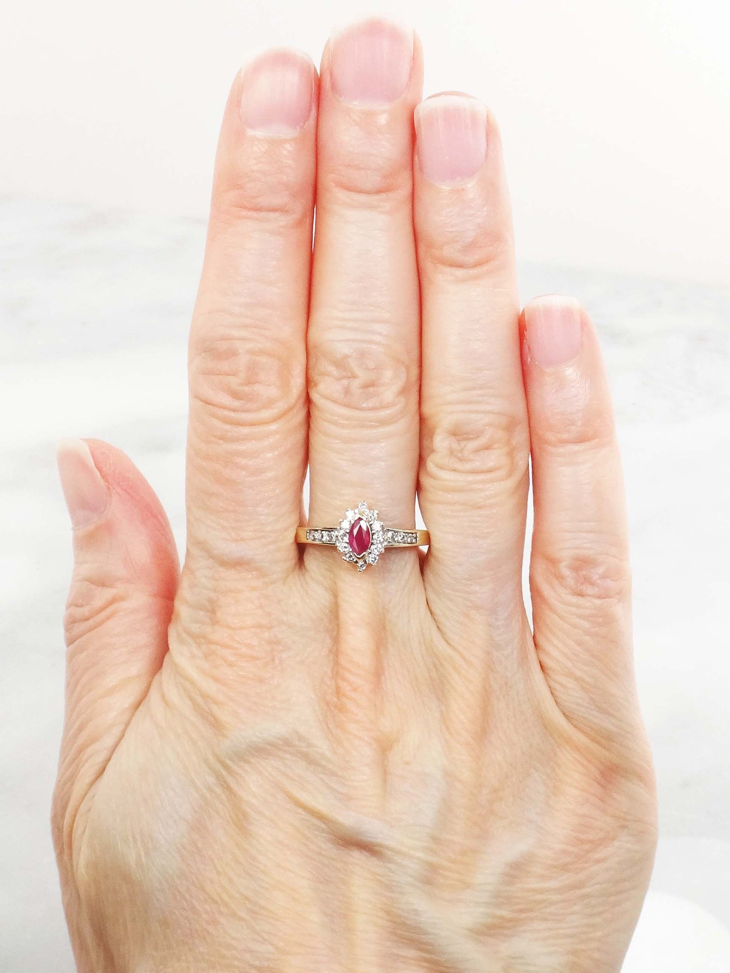 Vintage 14k Yellow Gold Marquise Ruby Diamond Halo Ring - Size 7.25